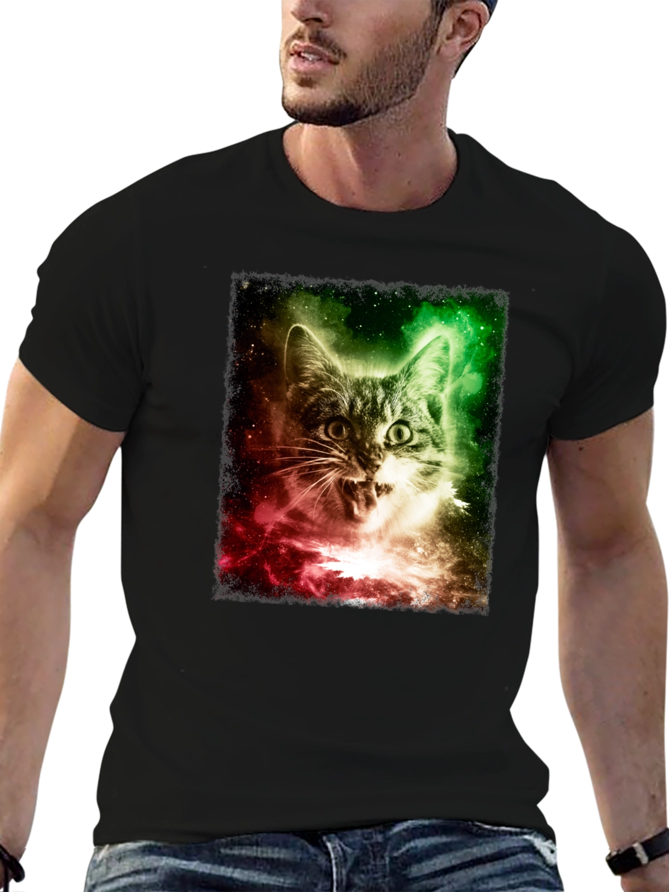 Black Galaxy Cat Graphic Tee - Men's Black T-Shirt view 6