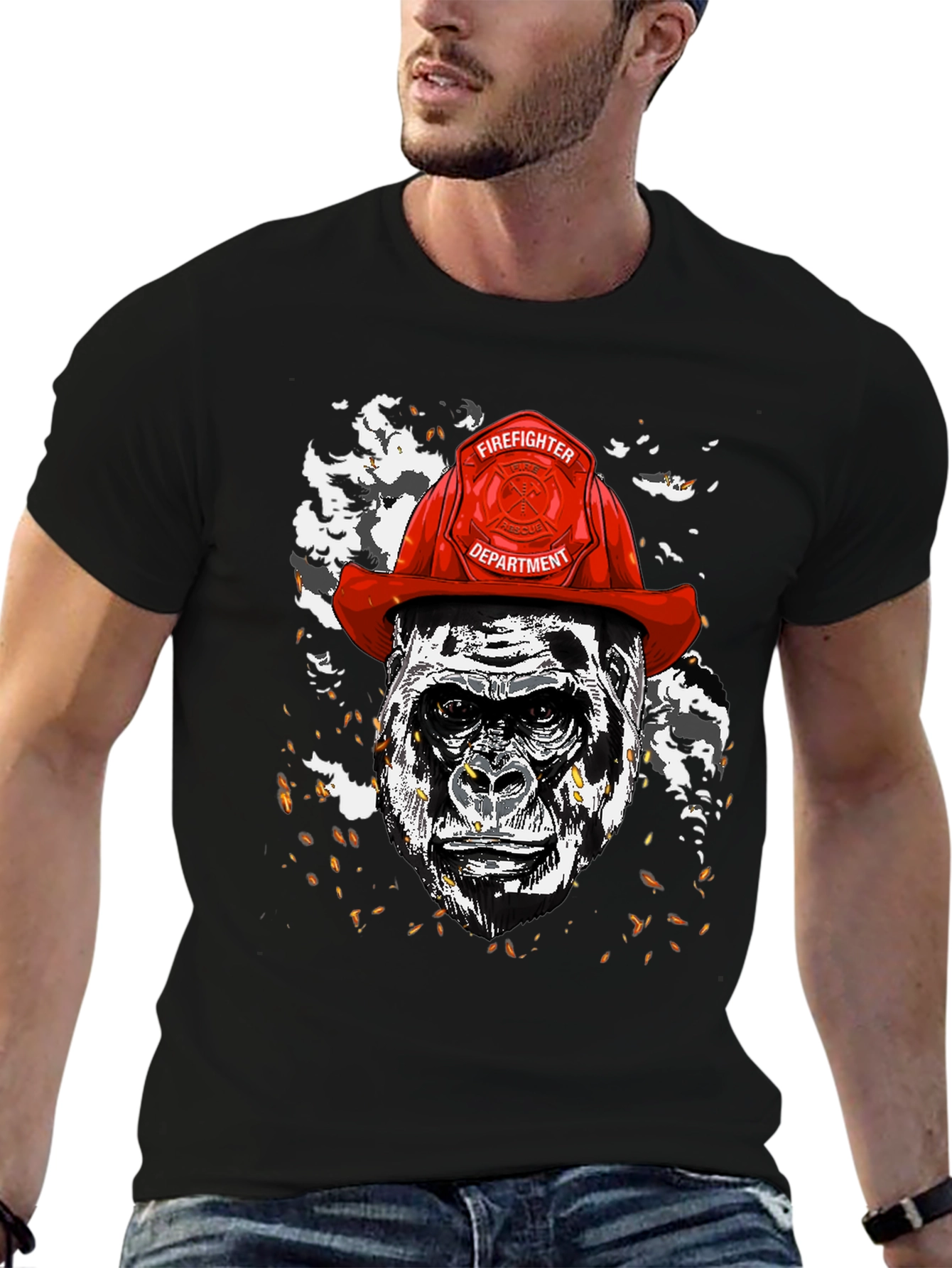 Black Gorilla Firefighter Graphic T-Shirt - Novelty Design view 6