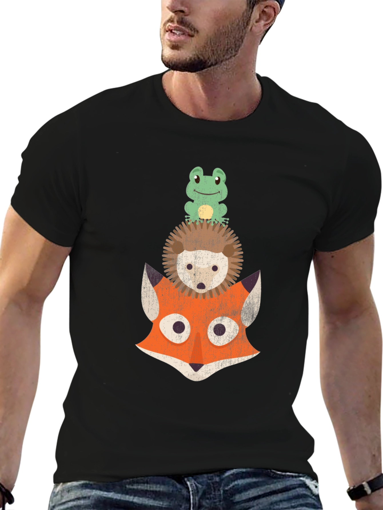 Black Stacked Animal Tee: Frog, Hedgehog, and Fox Design T-Shirt view 6