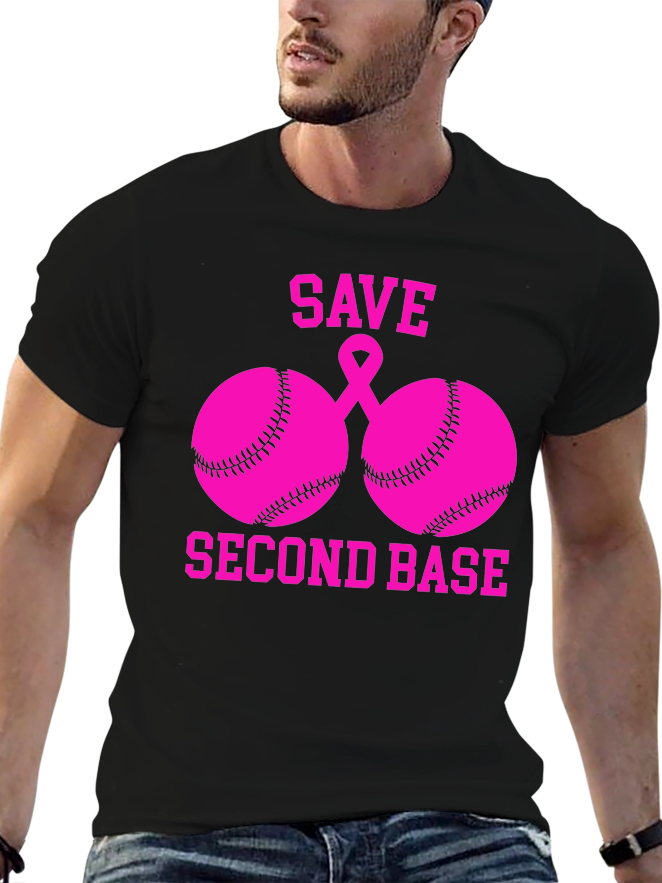 Black Save Second Base Breast Cancer Awareness T-Shirt view 6