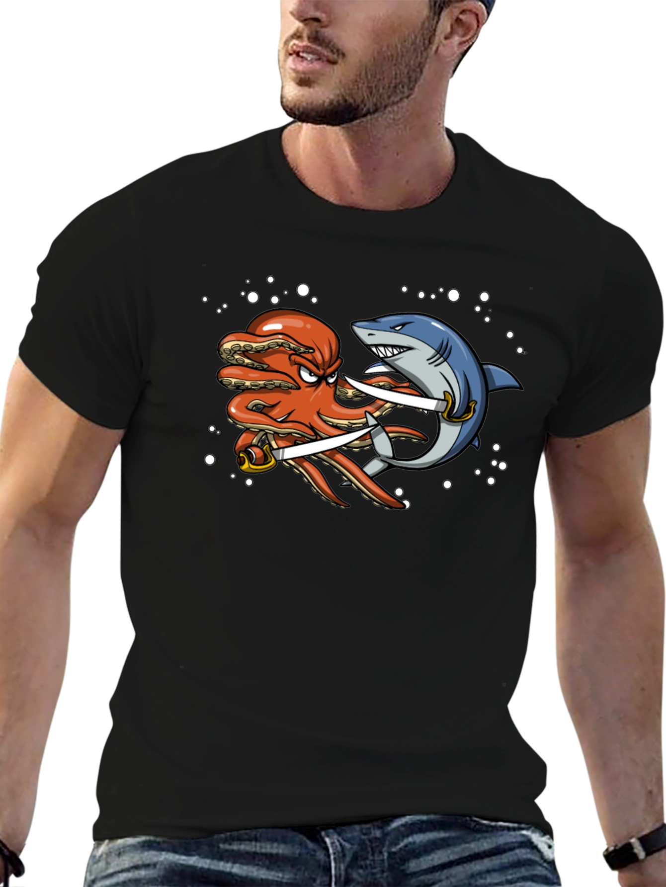 Black Octopus vs Shark T-Shirt - Pirate Duel view 6