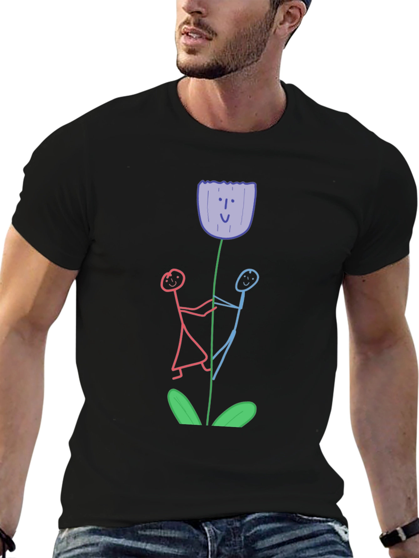 Black Whimsical Flower T-Shirt - Stick Figure Art view 6