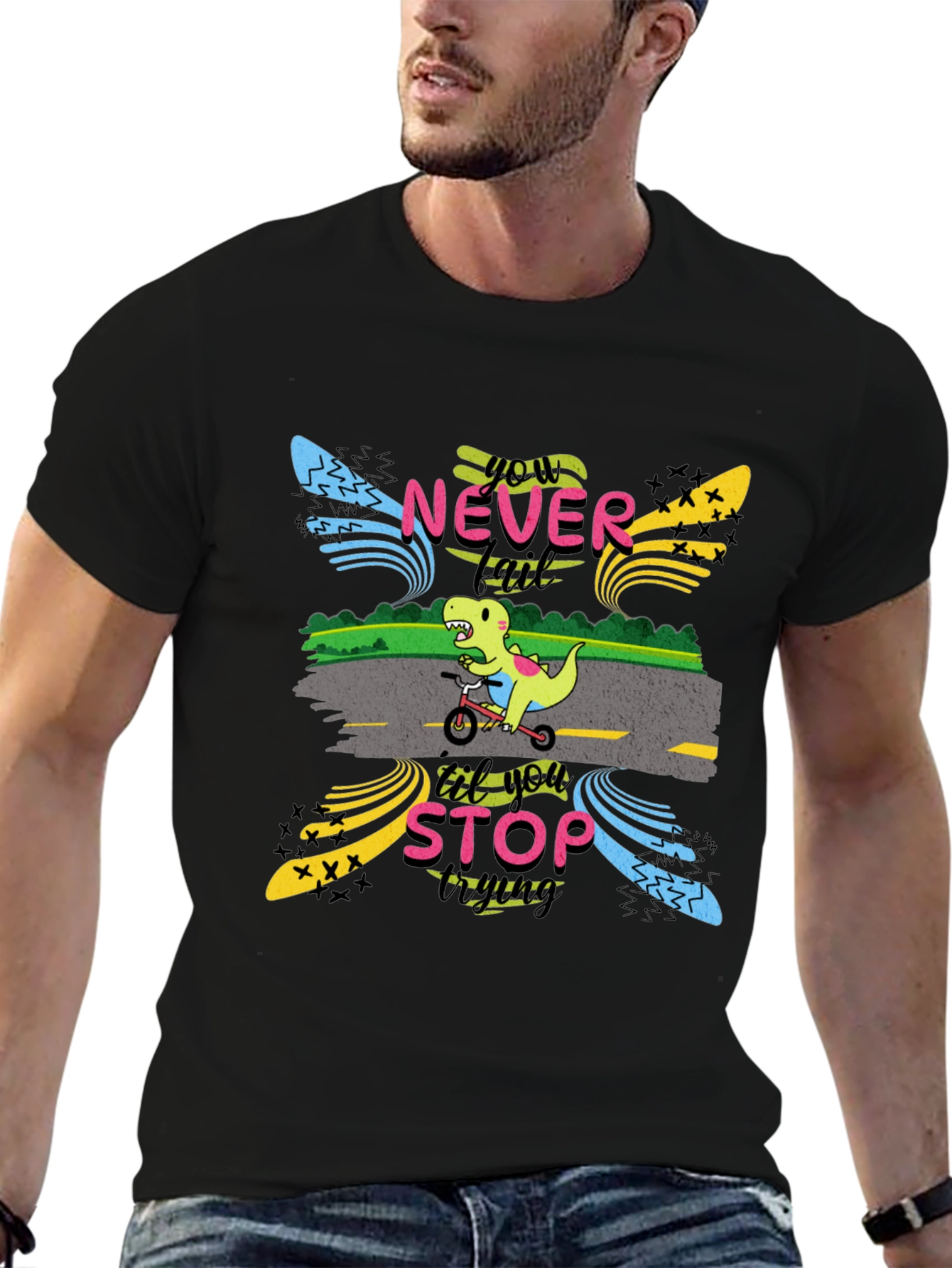 Black Never Stop Trying T-Shirt: Dino on Bike view 6
