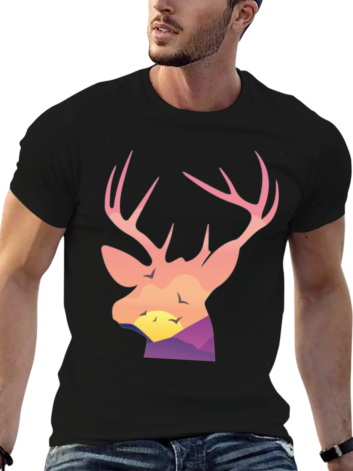 Black Deer Head Sunset Graphic Tee - Black Cotton Blend Shirt view 6