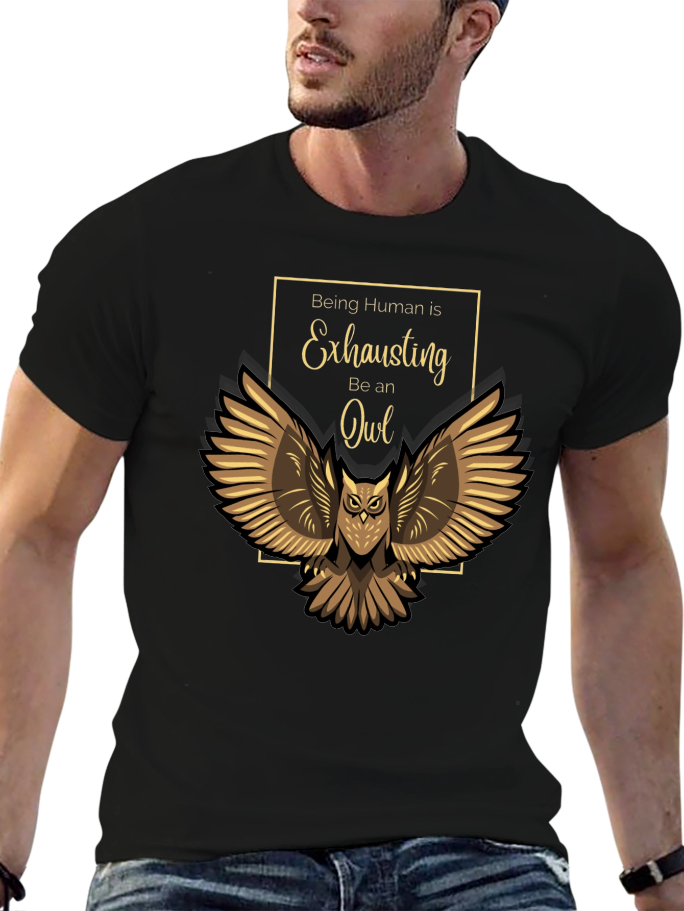 Black Being Human Exhausting Owl T-Shirt view 6