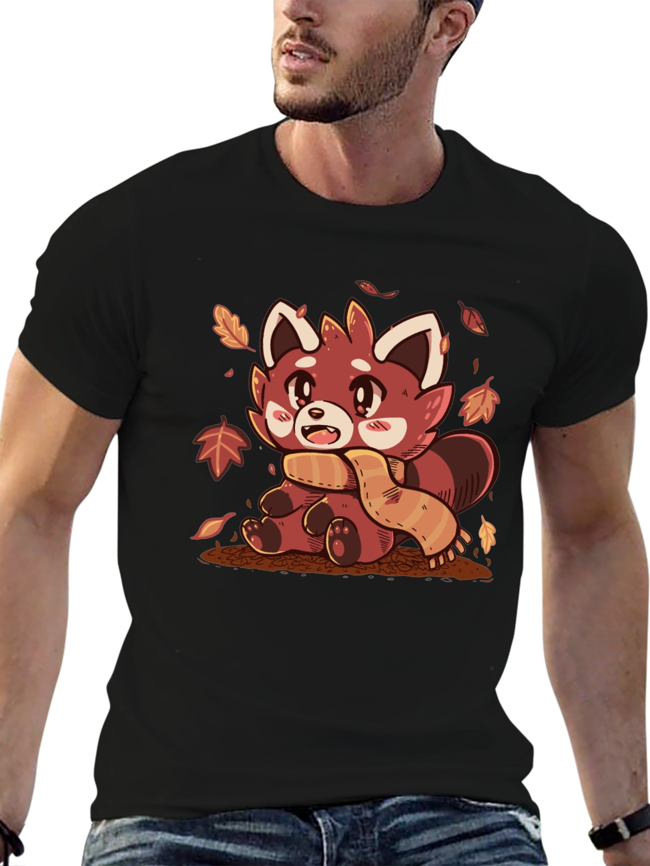 Black Red Panda Scarf Fall Leaves Graphic T-Shirt view 6