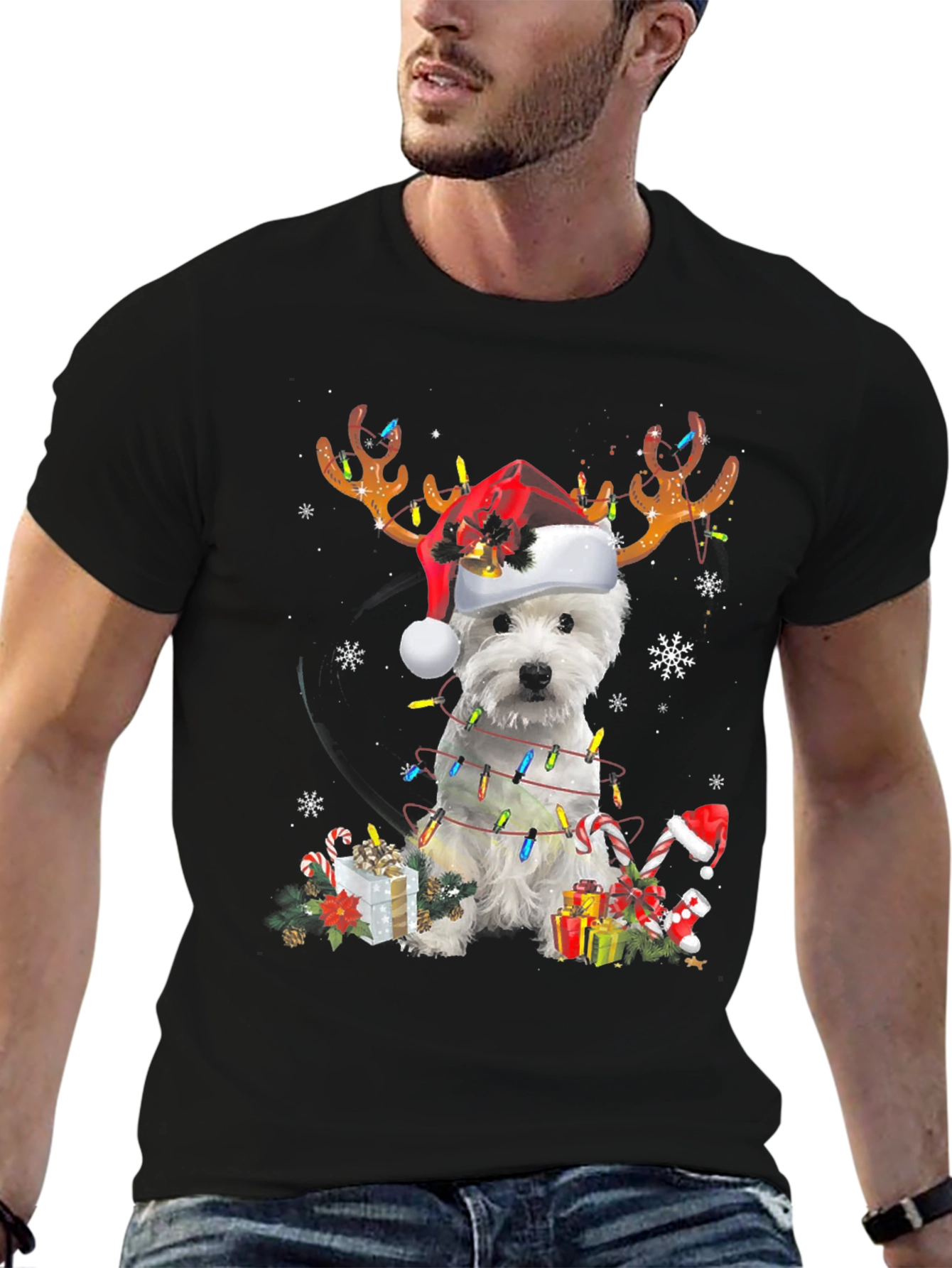 Dog Christmas T-Shirt - Reindeer Antlers Santa Hat - 6