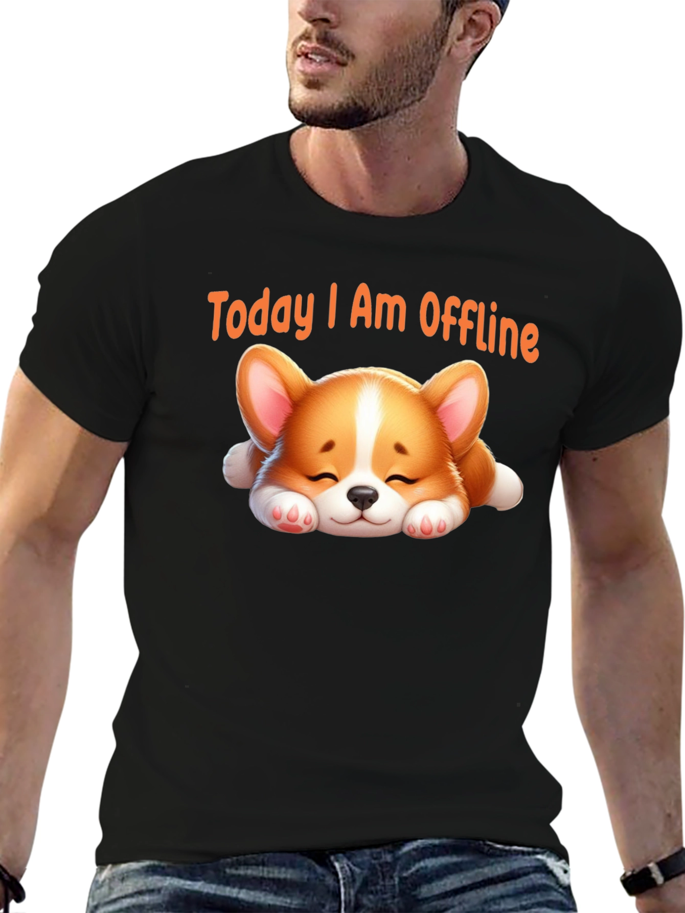 Black Today I Am Offline T-Shirt - Cute Sleeping Corgi view 6