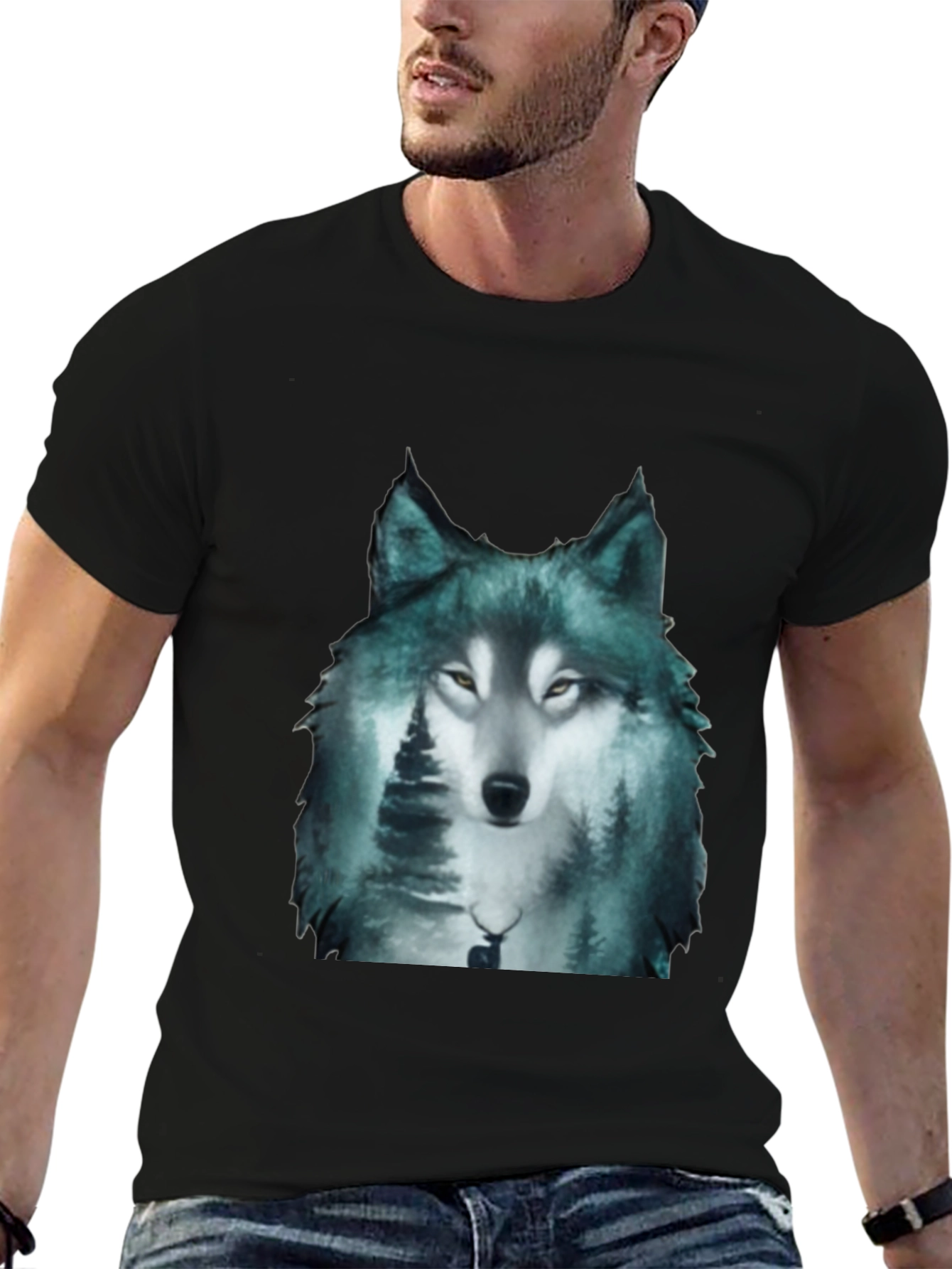 Black Wolf Forest Print Black T-Shirt view 6