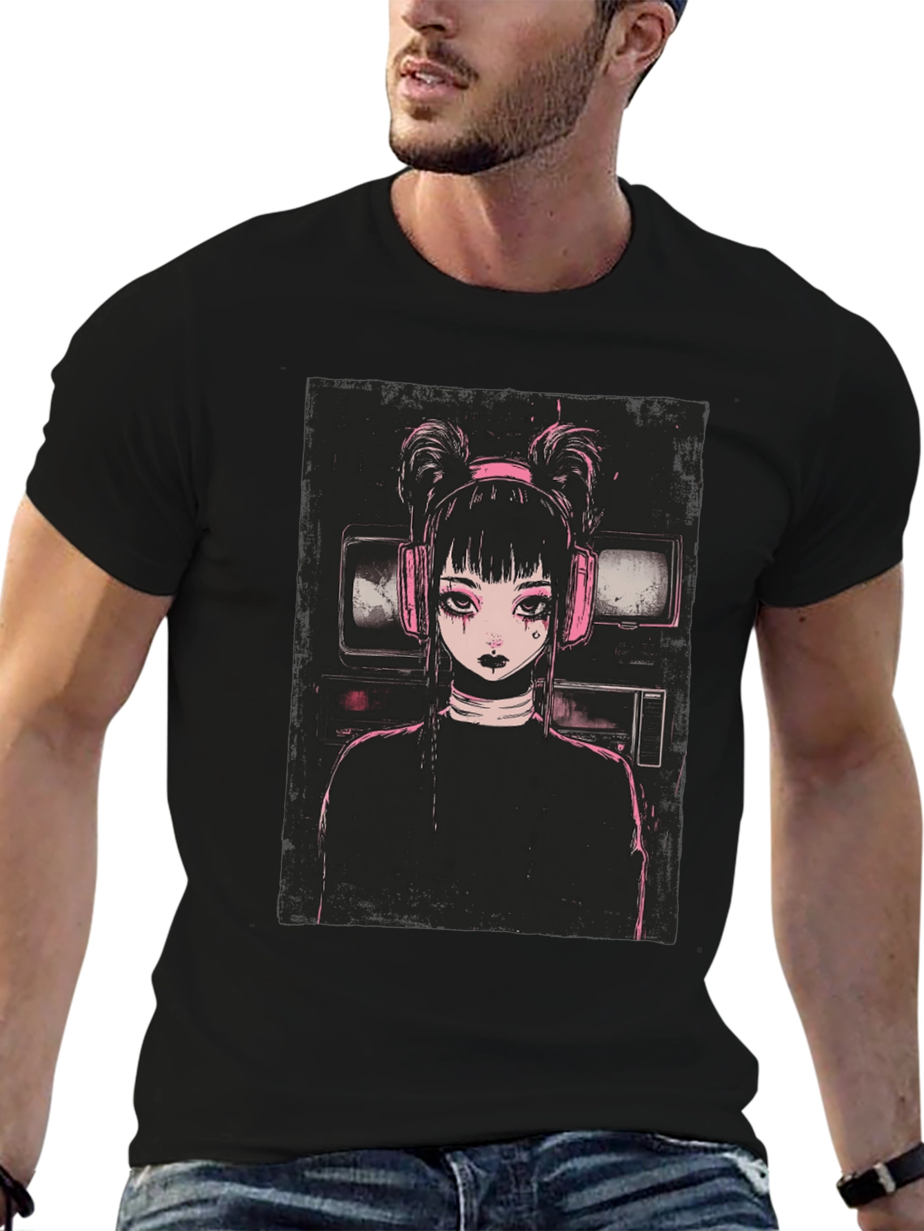 Black Anime Girl Graphic Tee - Black Cotton Blend view 6