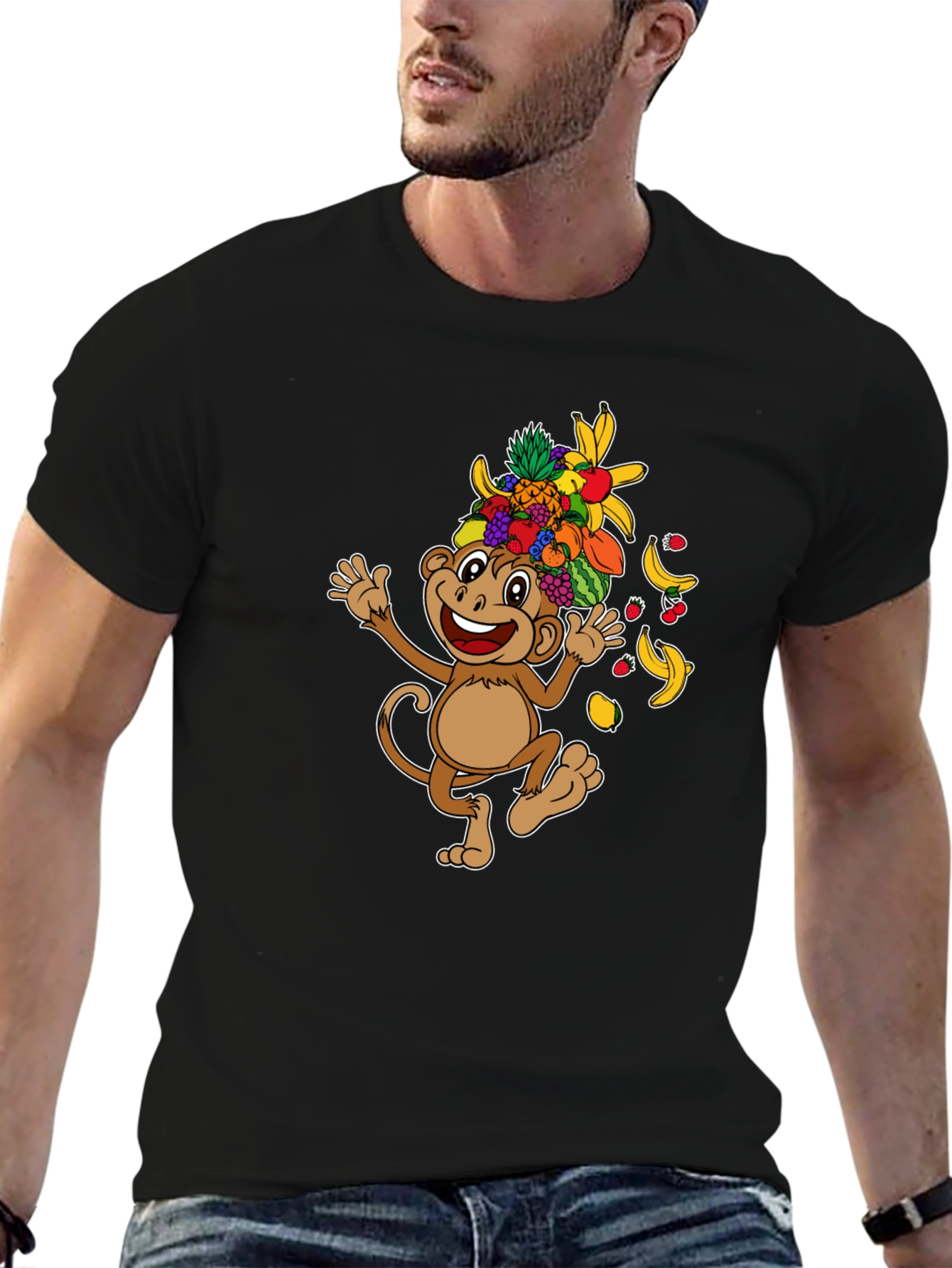 Black Fun Monkey Fruit Head T-Shirt - Black Cotton Tee view 6