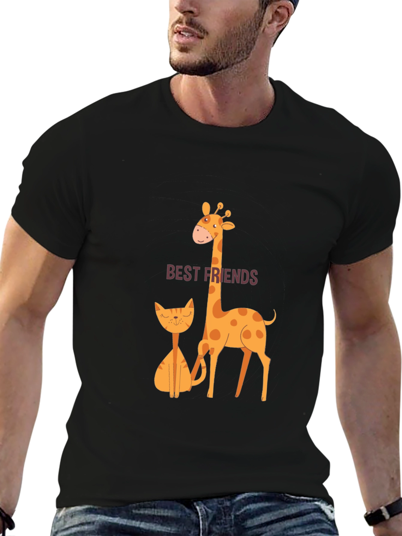 Black Best Friends Giraffe and Cat T-Shirt view 6
