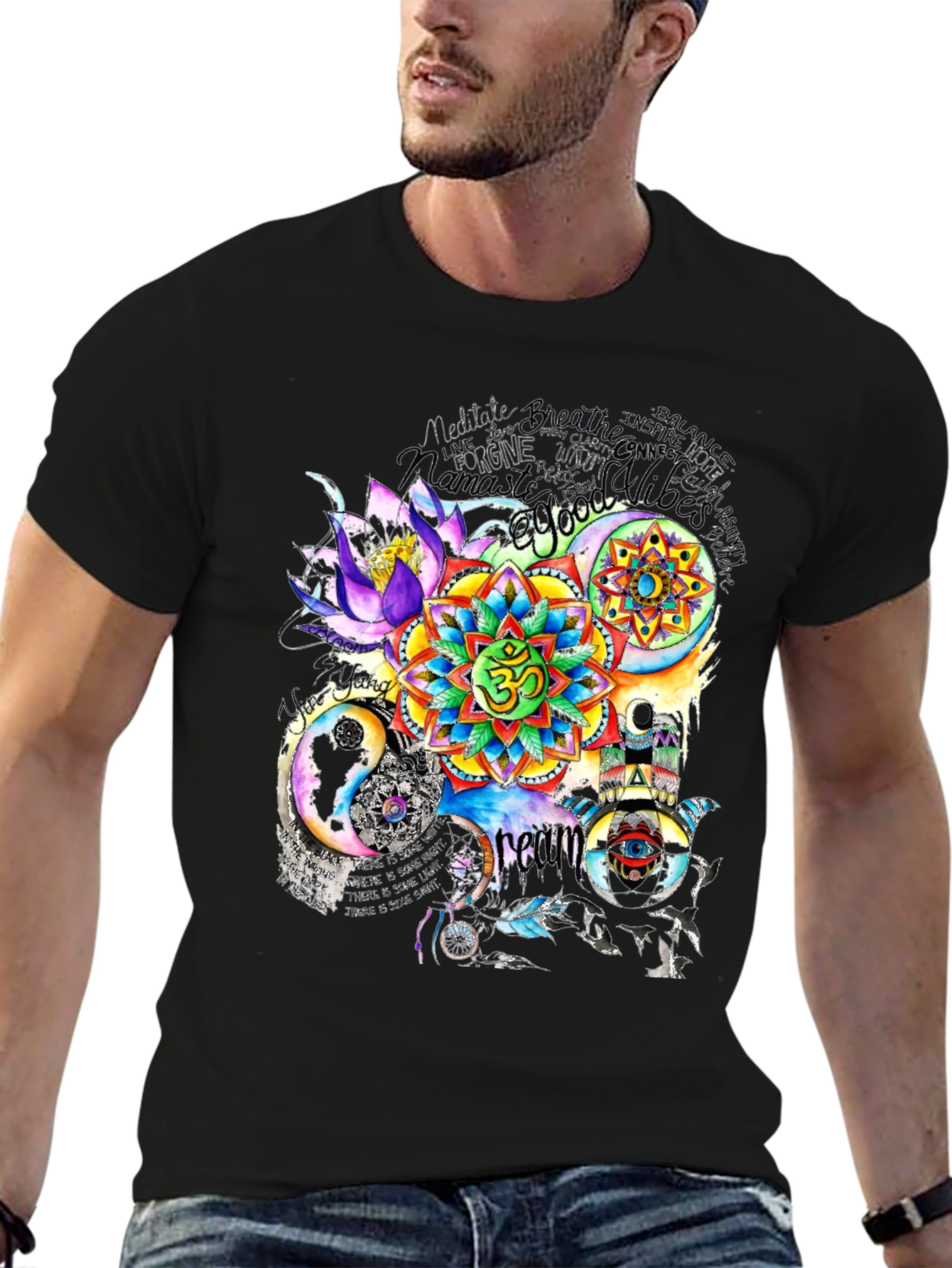 Black Om Mandala Print T-Shirt view 6
