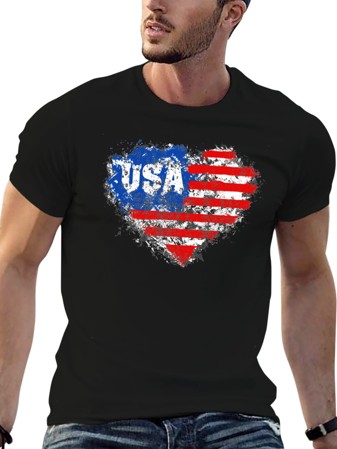 Black USA Flag Heart Graphic Tee - Patriotic American Pride T-Shirt view 6