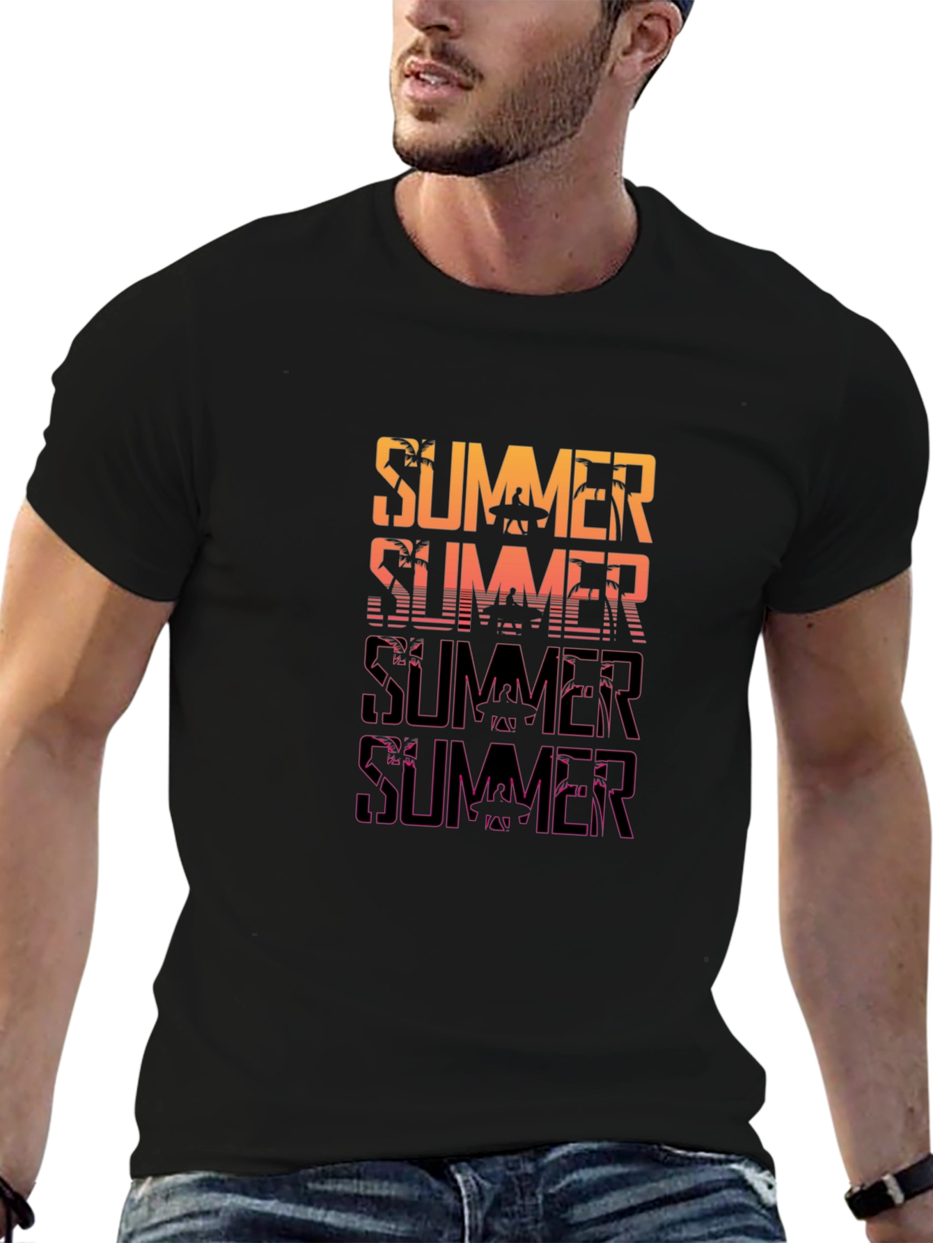 Black Summer Graphic Print Crew Neck T-Shirt view 6