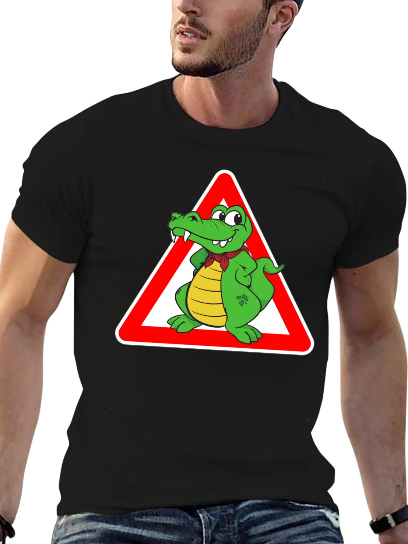 Black Cartoon Alligator Warning T-Shirt view 6