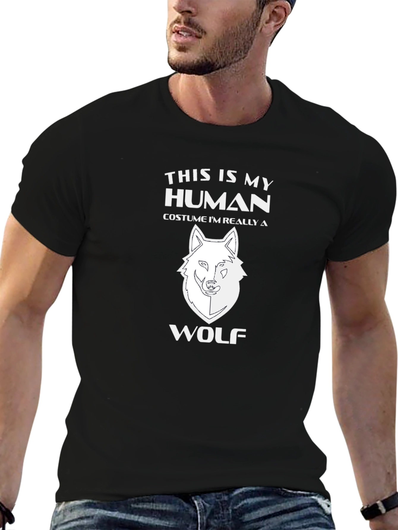 Black Human Costume Wolf T-Shirt - Novelty Graphic Tee view 6