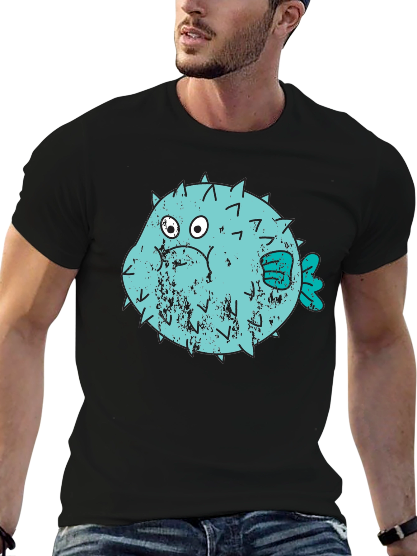 Black Puffer Fish Graphic T-Shirt - Black Crew Neck view 6