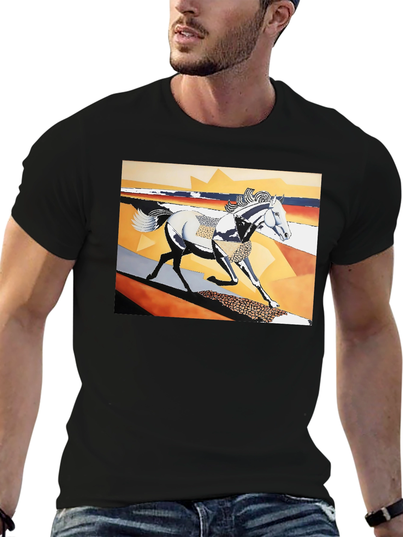 Black Abstract Horse Graphic Black T-Shirt view 6