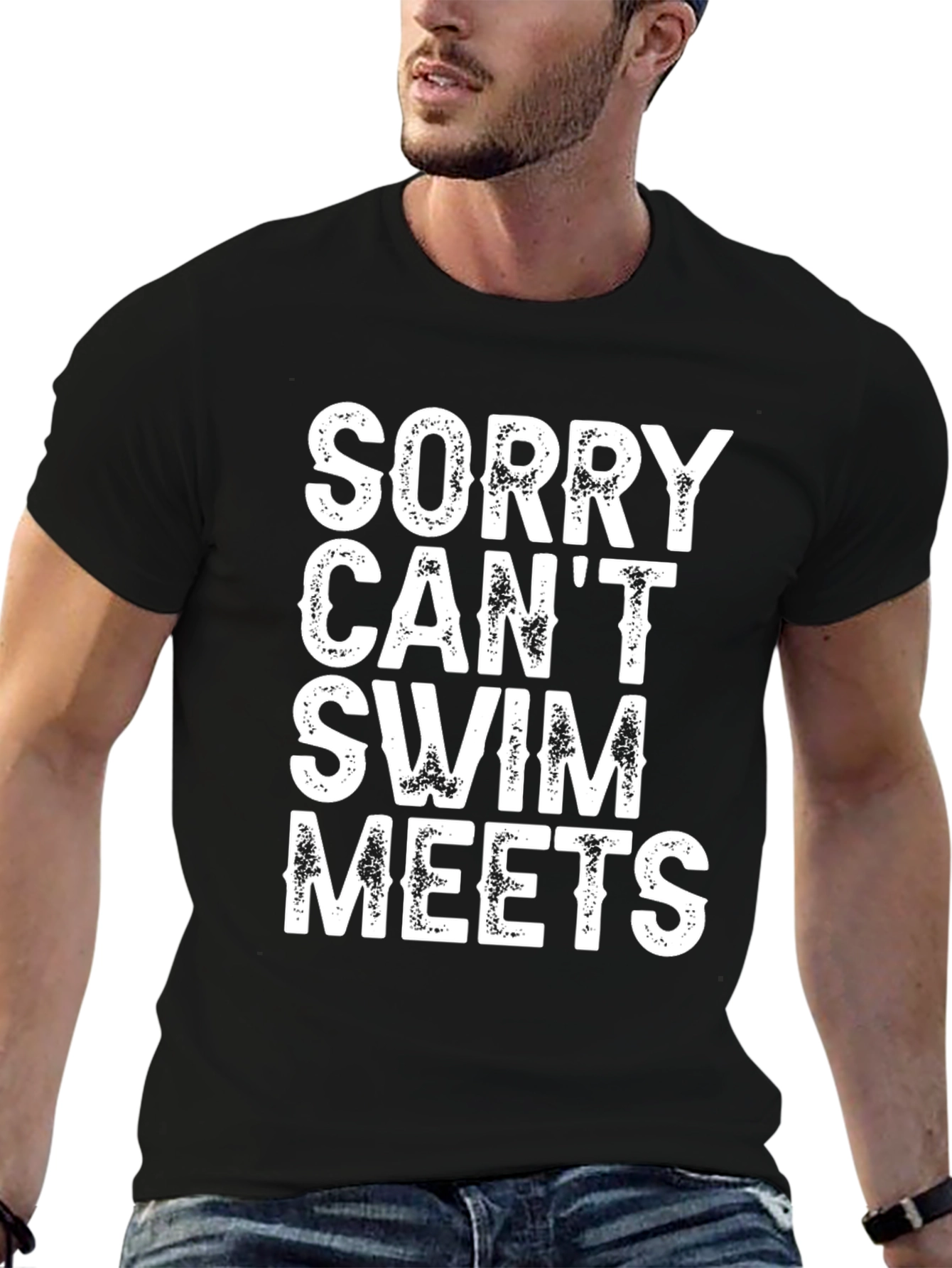Black Funny Sorry Can't Swim Meets T-Shirt view 6