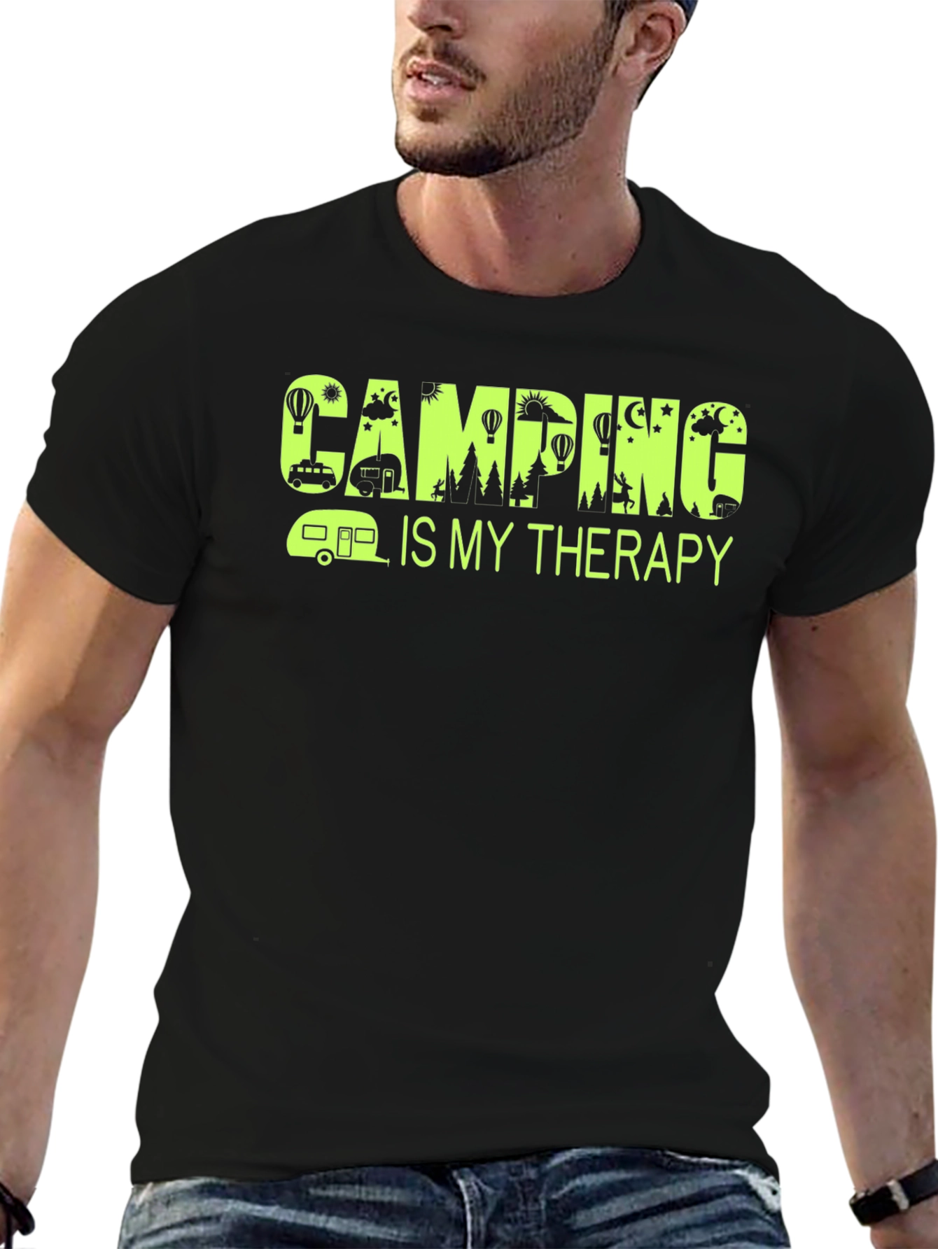 Black Camping Is My Therapy T-Shirt - Black view 6