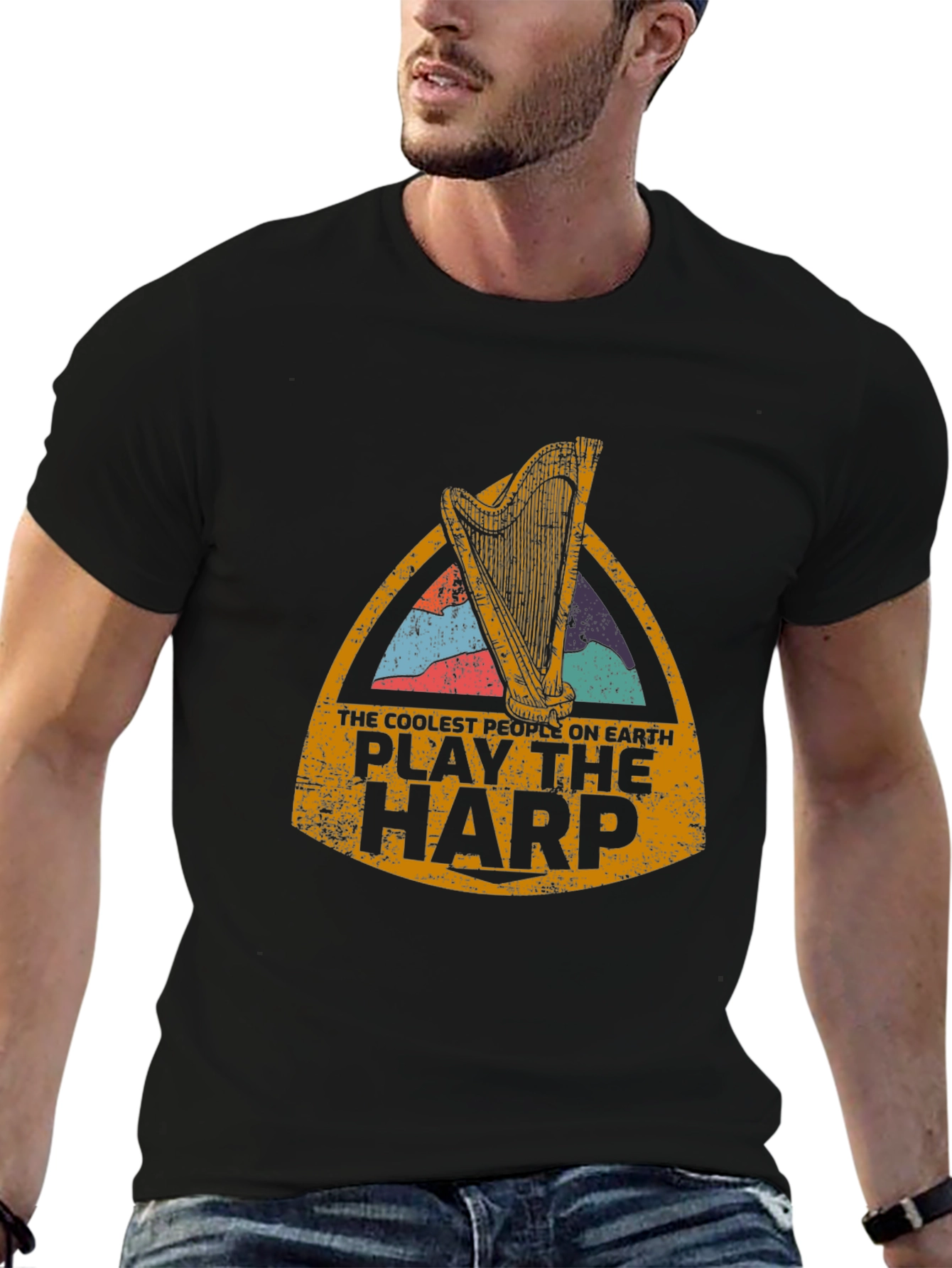 Black Coolest People Play Harp T-Shirt view 6