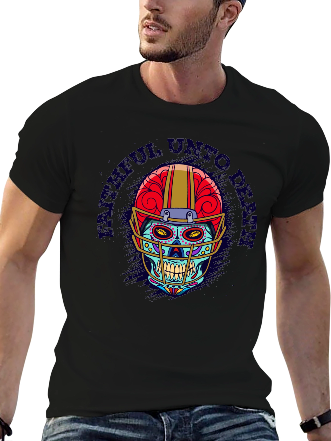 Black Faithful Unto Death Football Skull T-Shirt view 6