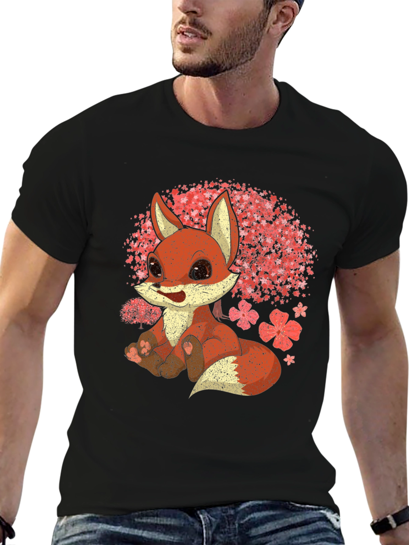 Black Cute Fox T-Shirt - Cherry Blossom Design view 6