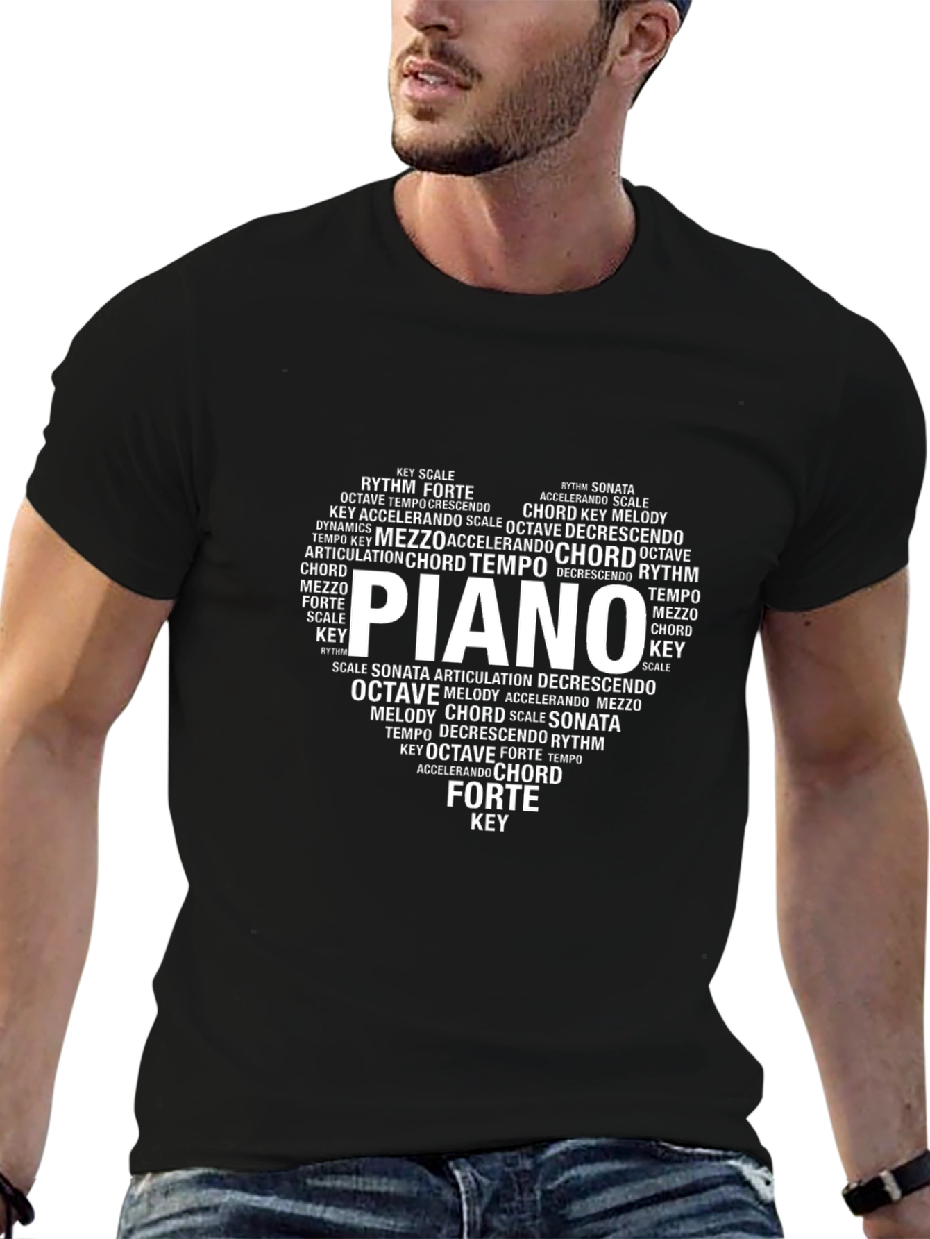 Black Piano Music Lover T-Shirt - Word Art Heart view 6