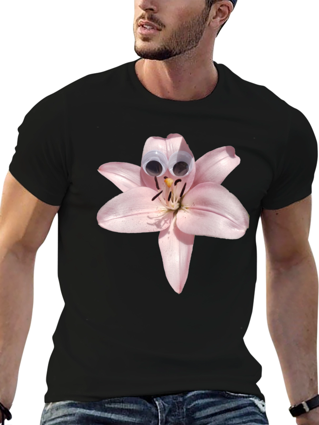 Black Floral Humor Tee: Lily with Googly Eyes view 6
