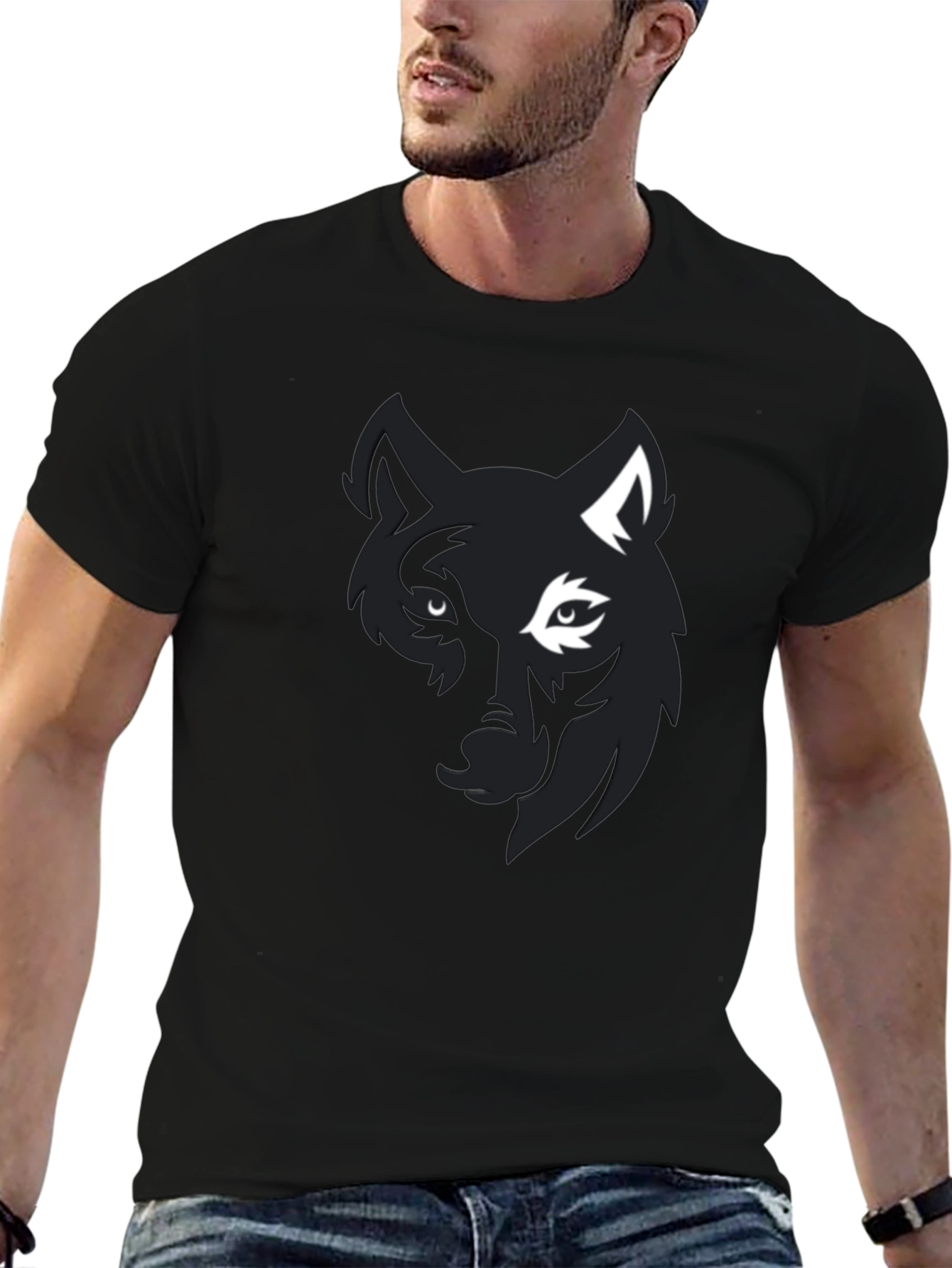 Black Wolf Graphic Print Black T-Shirt for Men view 6