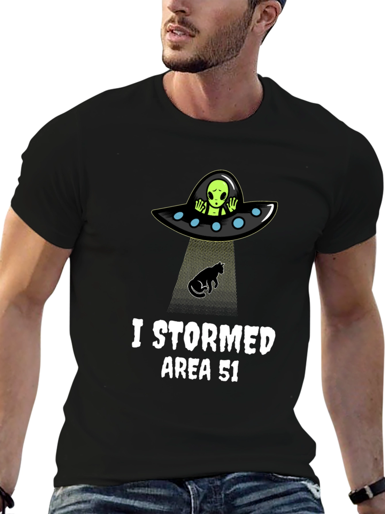 Black I Stormed Area 51 T-Shirt Alien Abduction UFO Cat Humor view 6