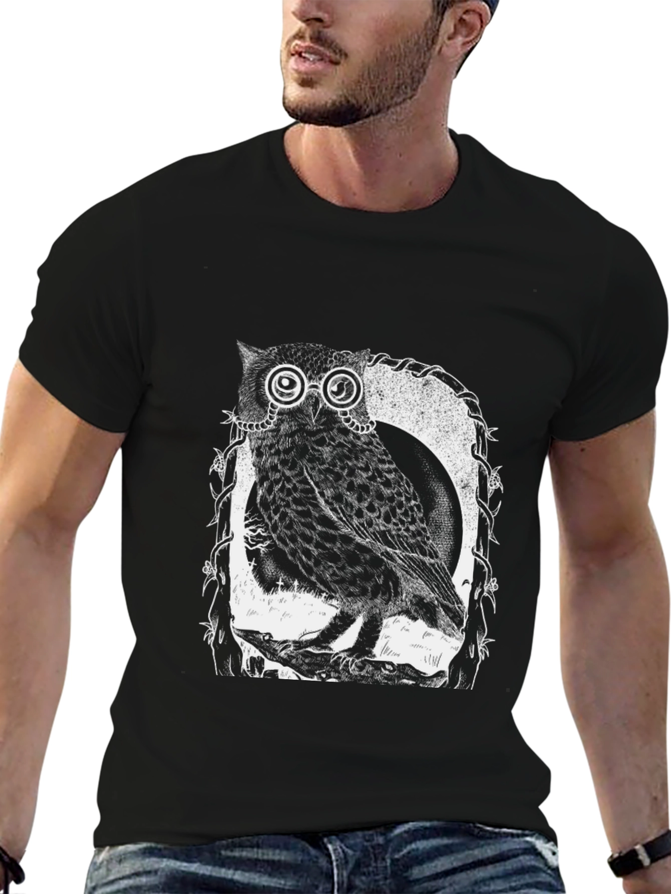 Black Owl With Glasses Graphic Tee - Black view 6