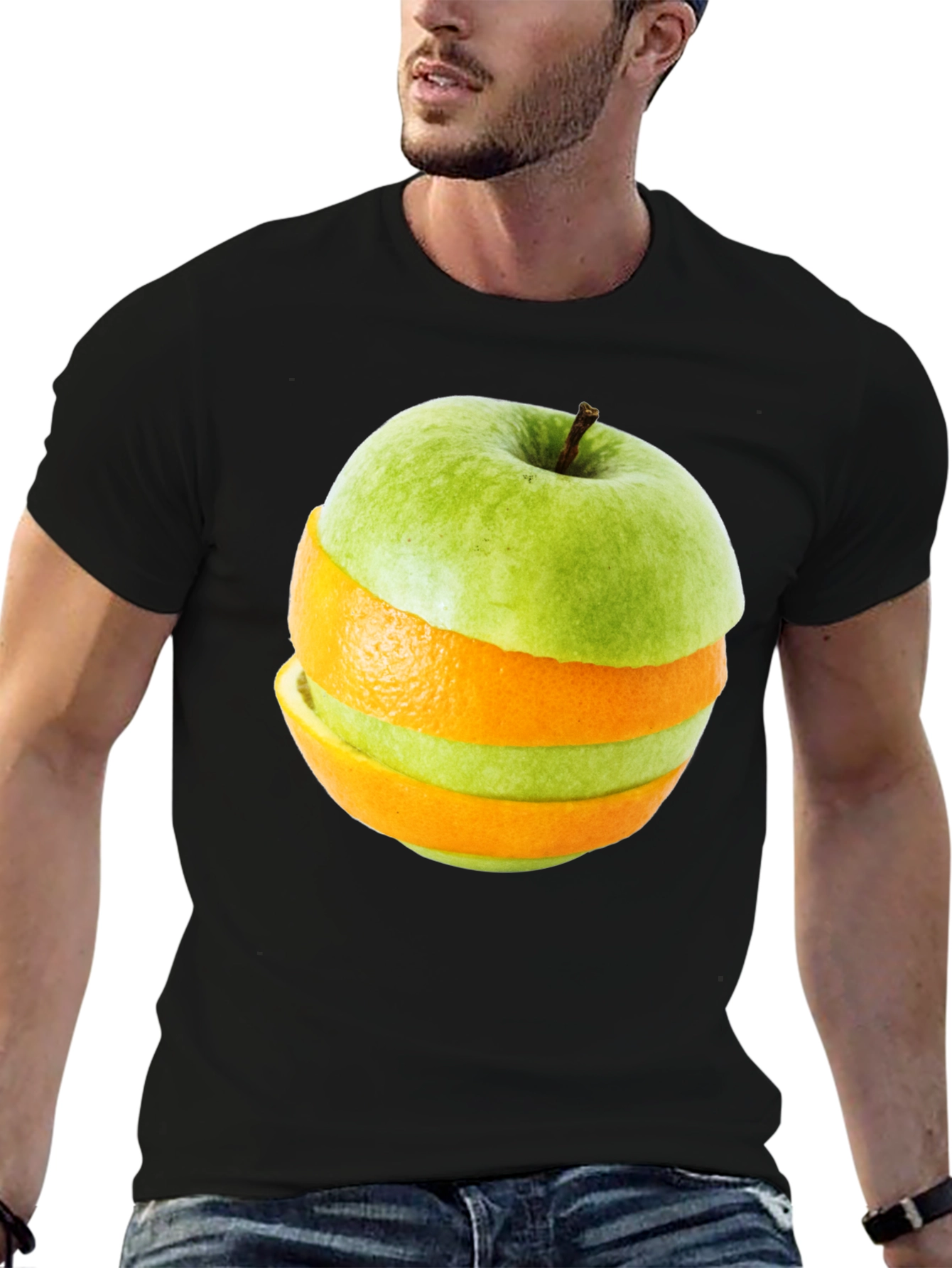 Black Fruity Fusion Tee - Apple Orange Slice Graphic T-Shirt view 6