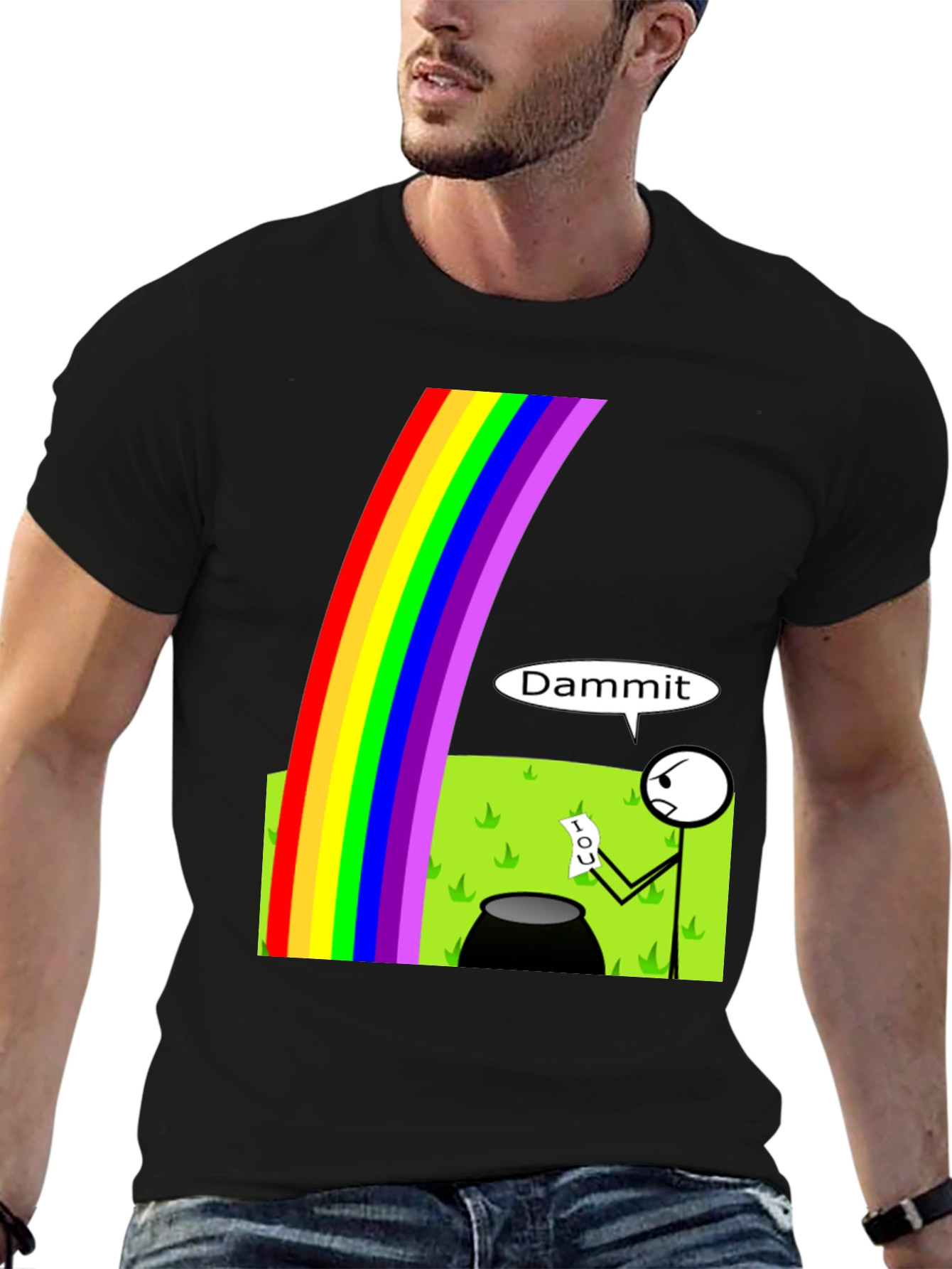 Black Humorous Rainbow Leprechaun IOU Graphic T-Shirt view 6
