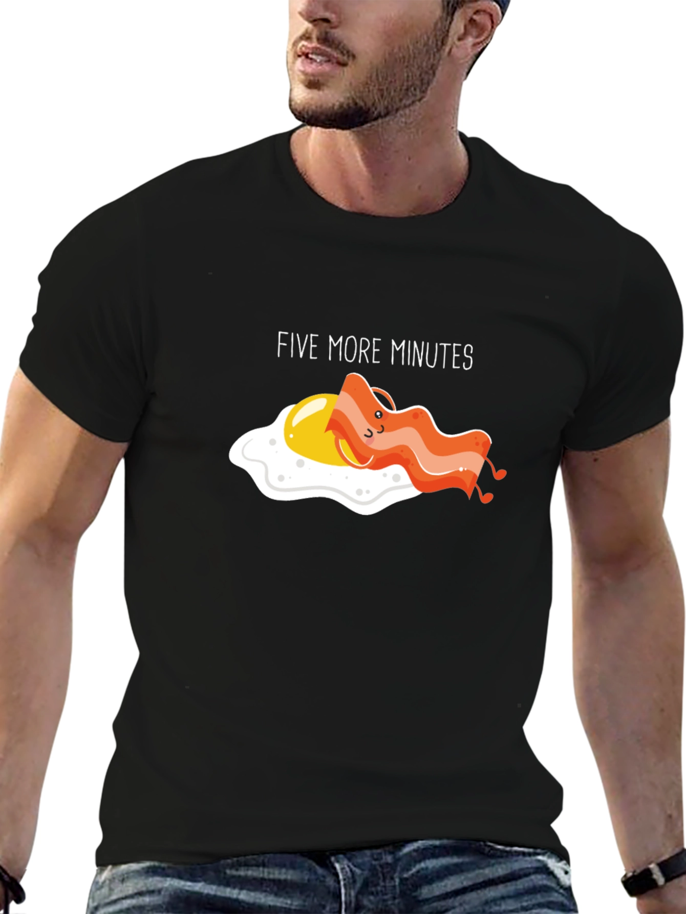 Black Funny "Five More Minutes" Breakfast T-Shirt view 6