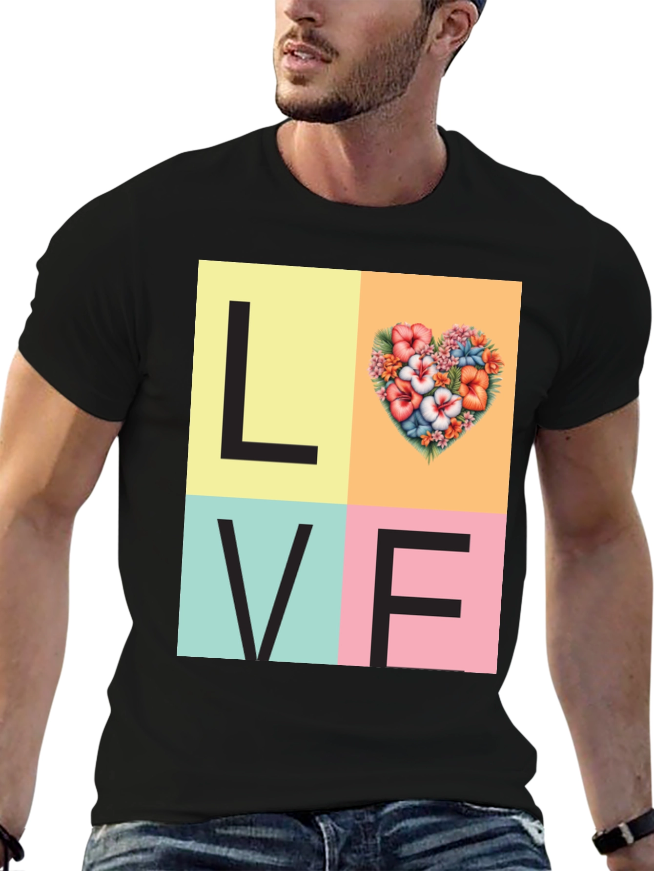 Black Floral Heart LOVE Graphic Tee - Unisex Casual T-Shirt view 6