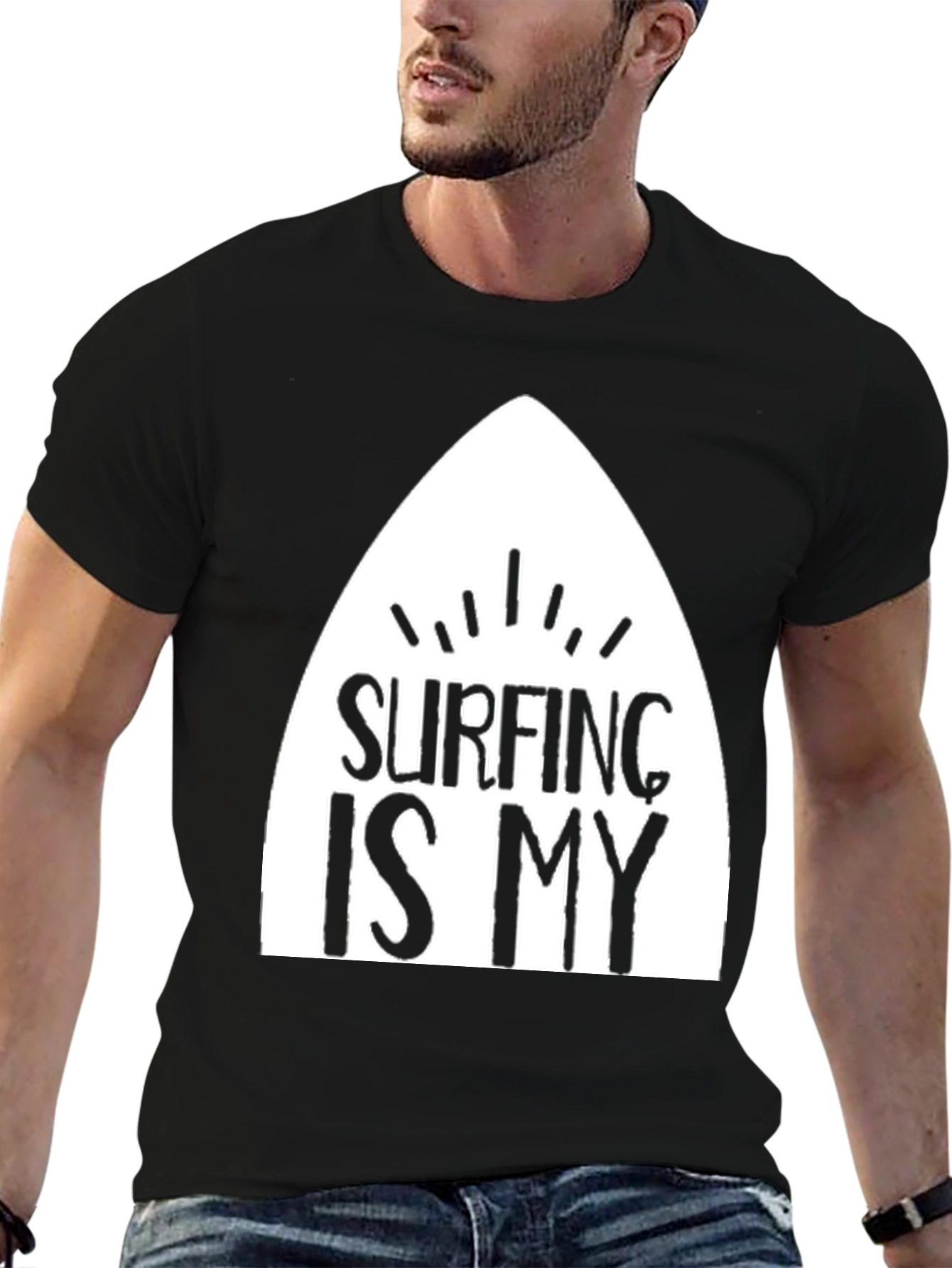 Surfing Is My T-Shirt - Black Cotton Surfboard Tee - 6