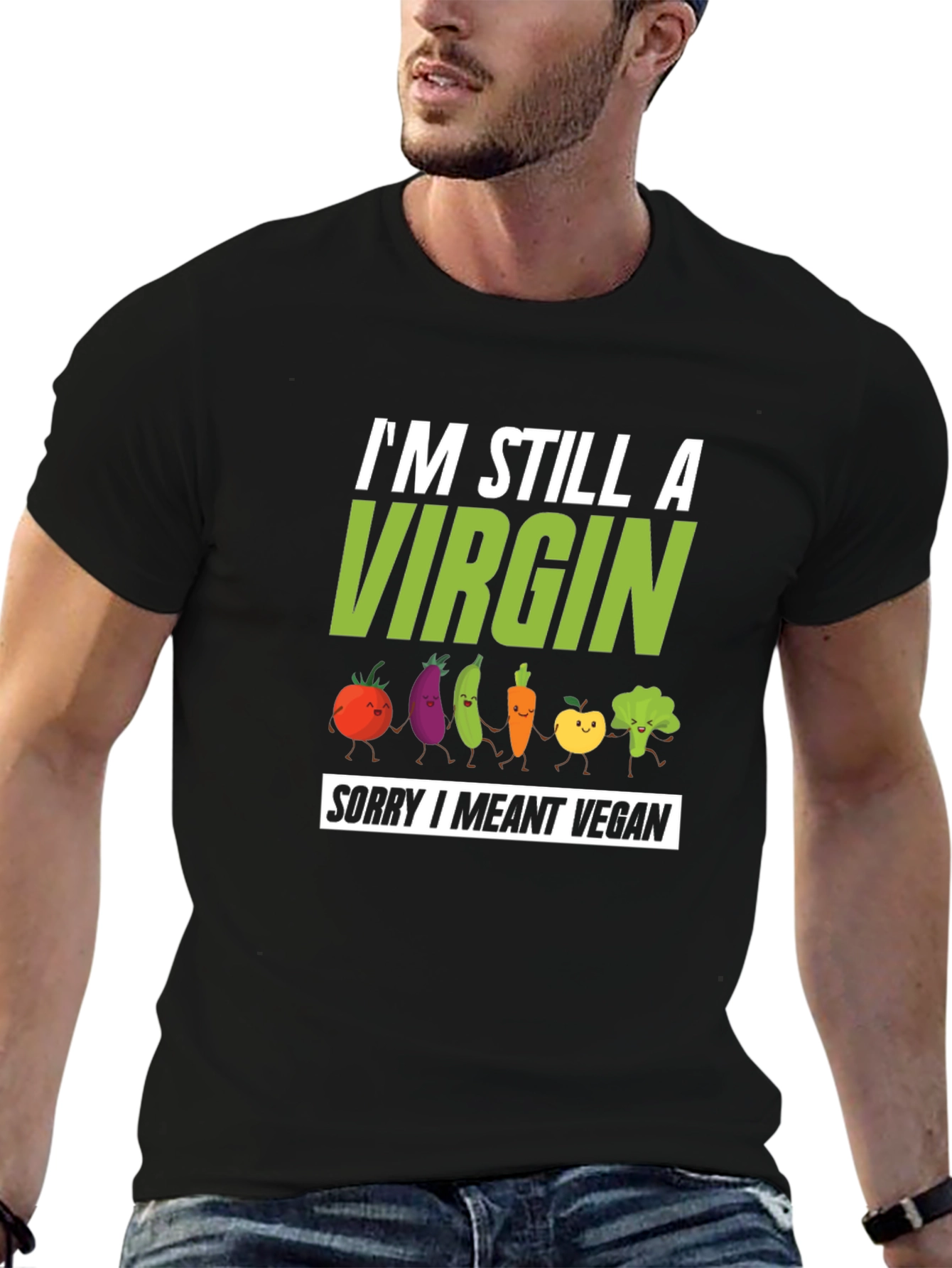 Black Vegan Pun T-Shirt - I'm Still A Virgin Sorry I Meant Vegan view 6