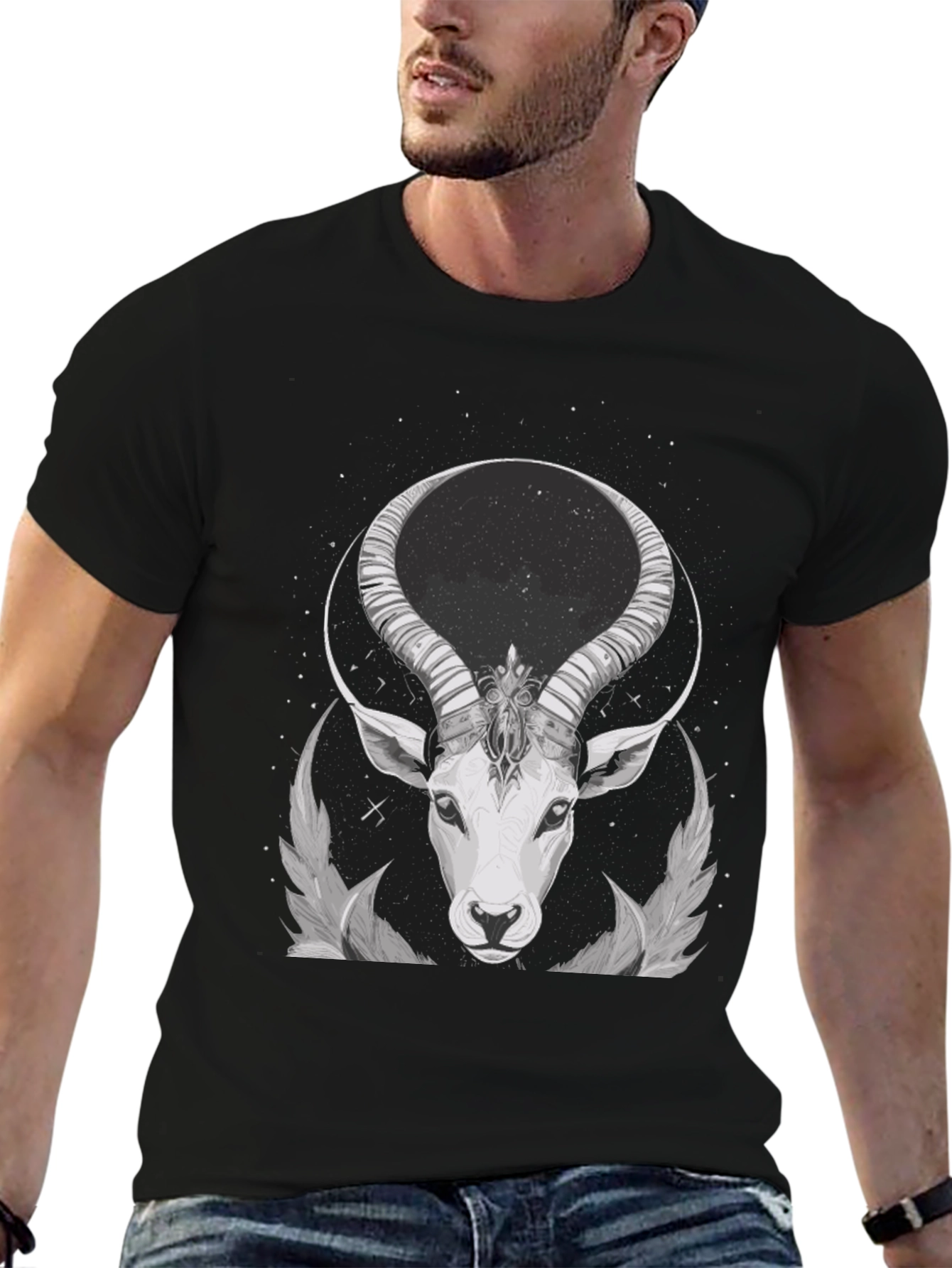 Black Cosmic Antelope Graphic Tee - Black Cotton Blend view 6