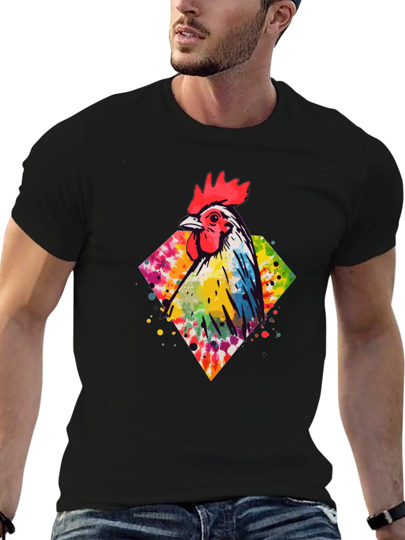 Black Watercolor Rooster Graphic Tee - Men's Black T-Shirt view 6
