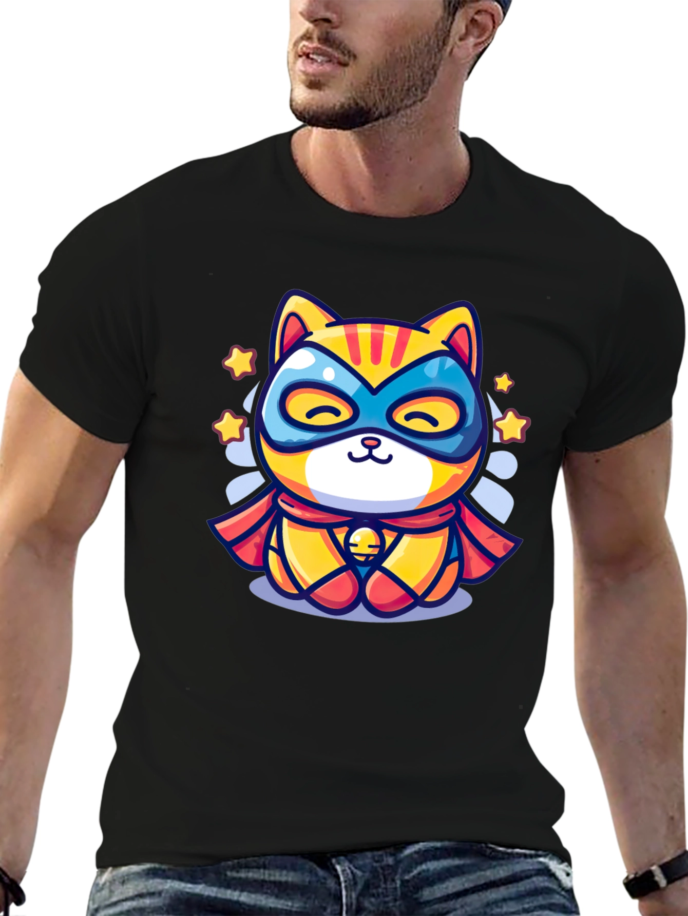 Black Superhero Cat Graphic T-Shirt - Cool Design view 6