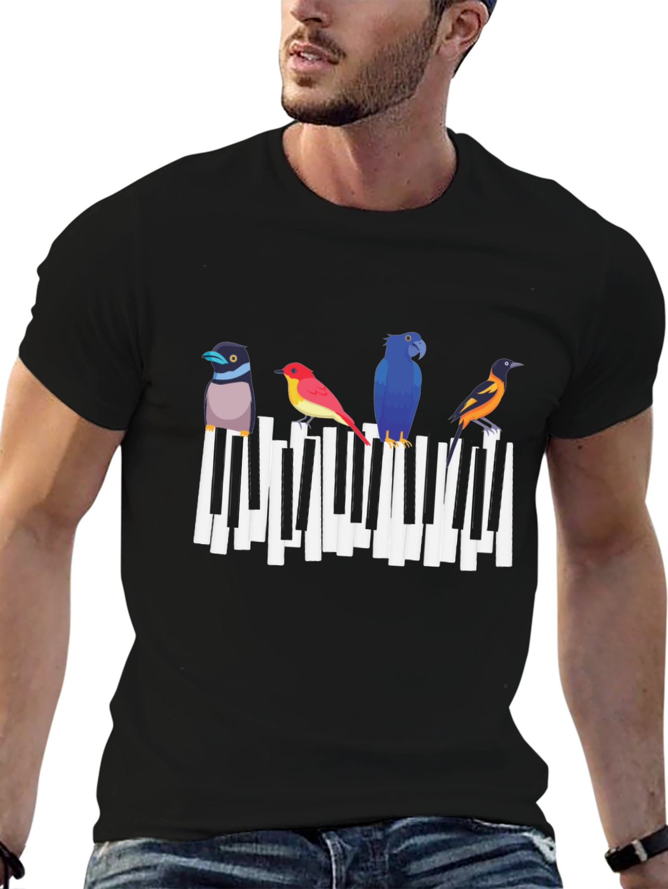 Black Musical Birds Graphic Tee - Black Cotton T-Shirt view 6