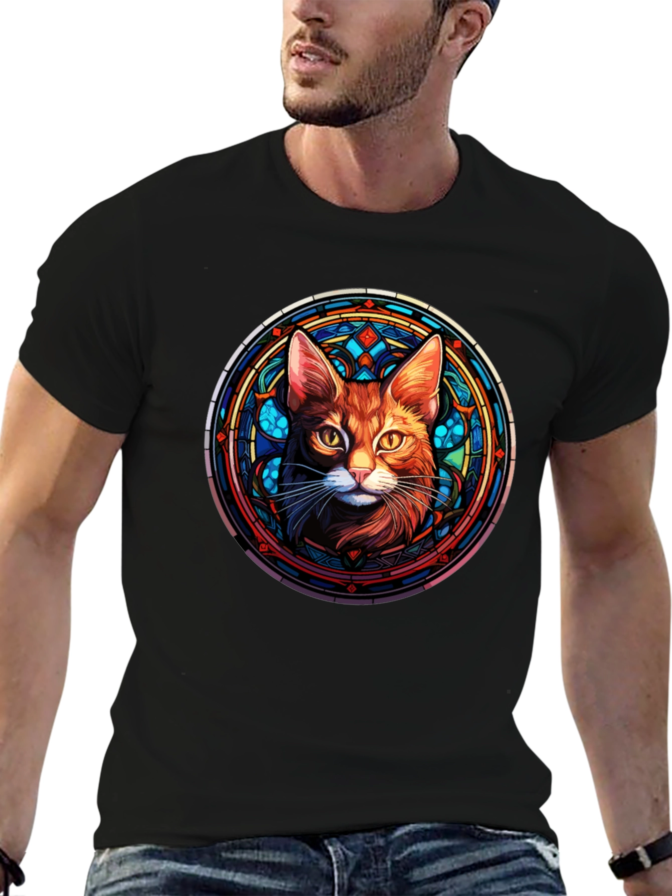 Black Stained Glass Cat Graphic Tee - Unique Design view 6