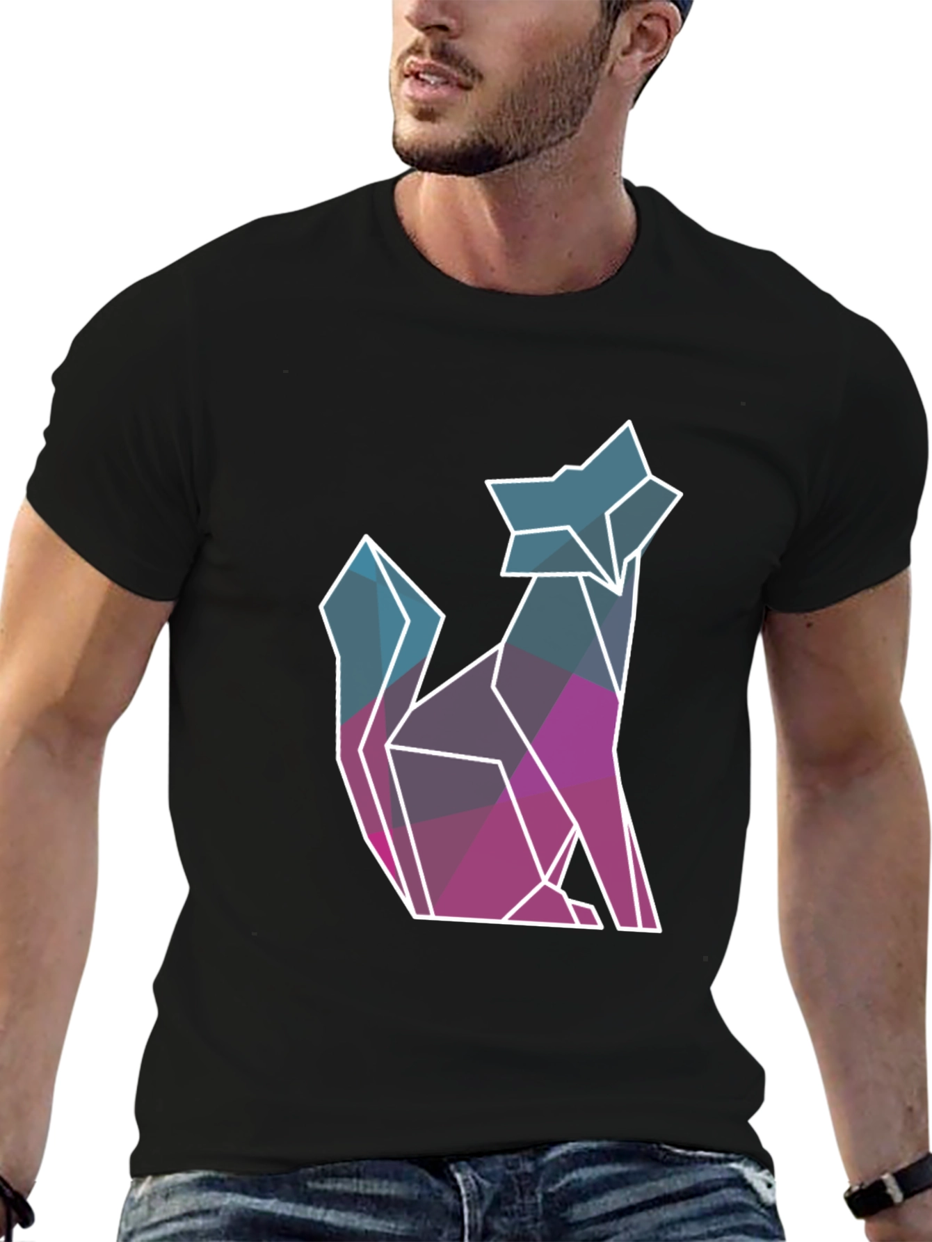 Black Geometric Wolf Graphic Tee - Modern Style view 6