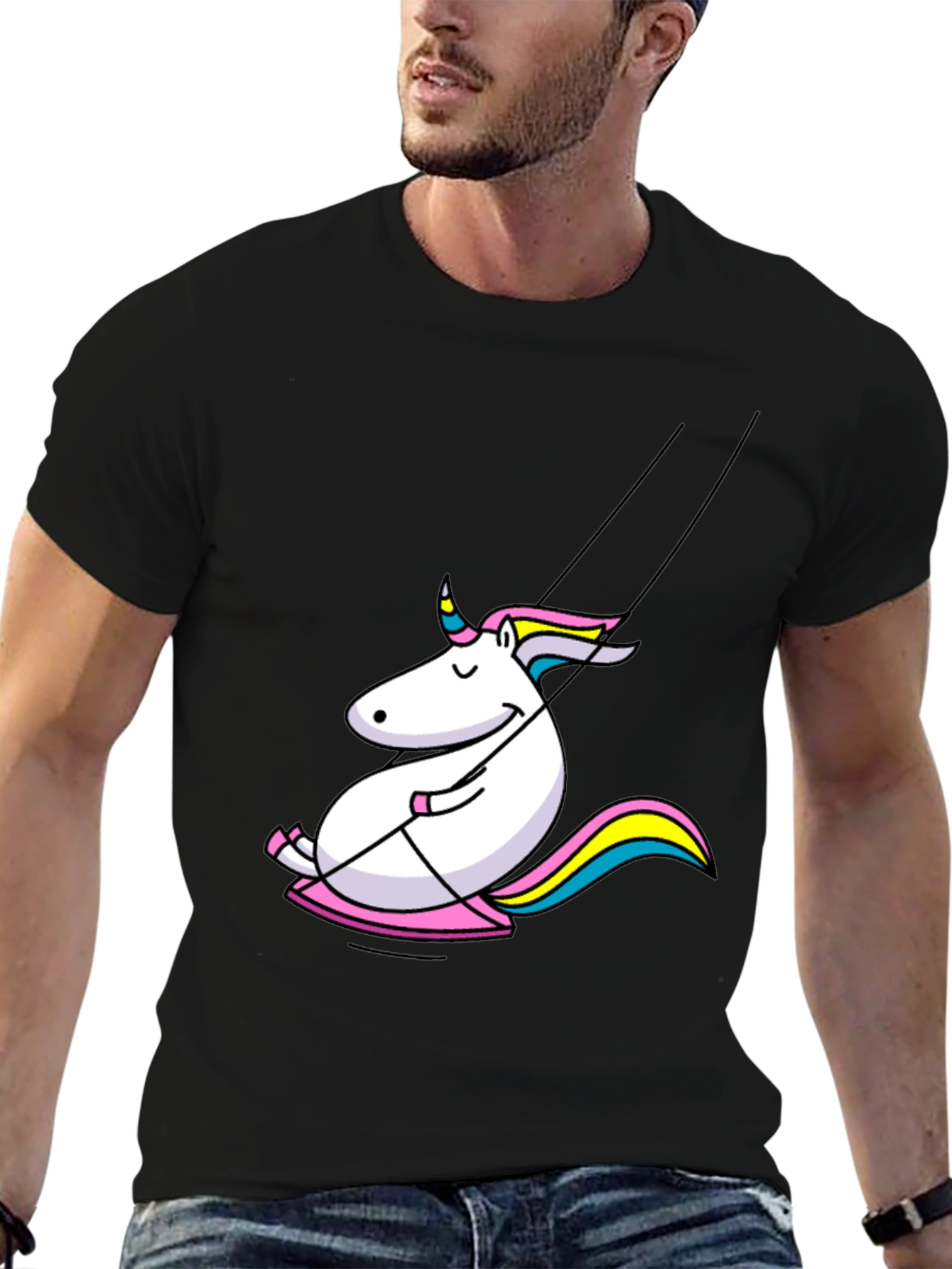 Black Unicorn on Swing Graphic Tee - Black Cotton Comfort view 6
