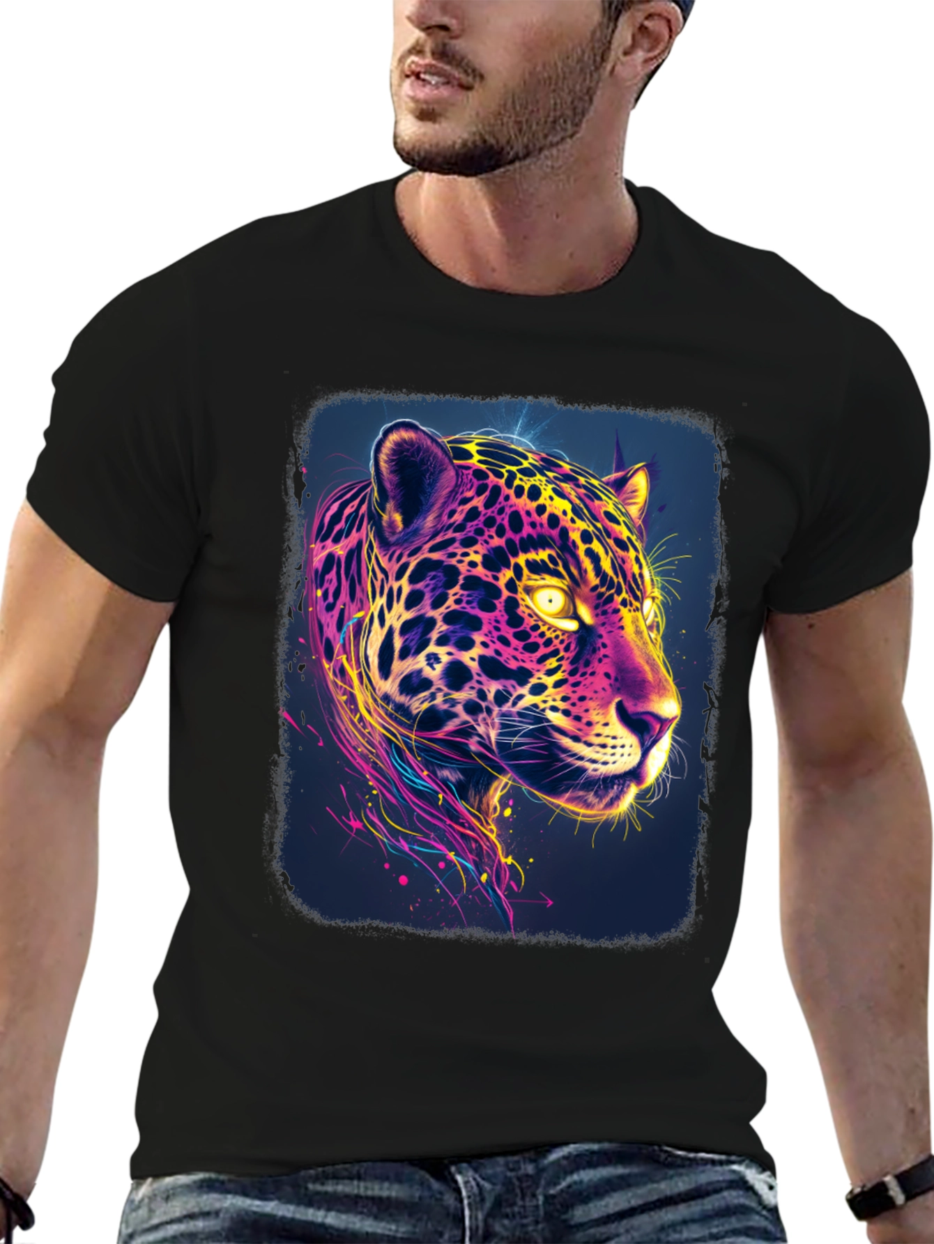 Black Vibrant Neon Jaguar Graphic Black T-Shirt view 6