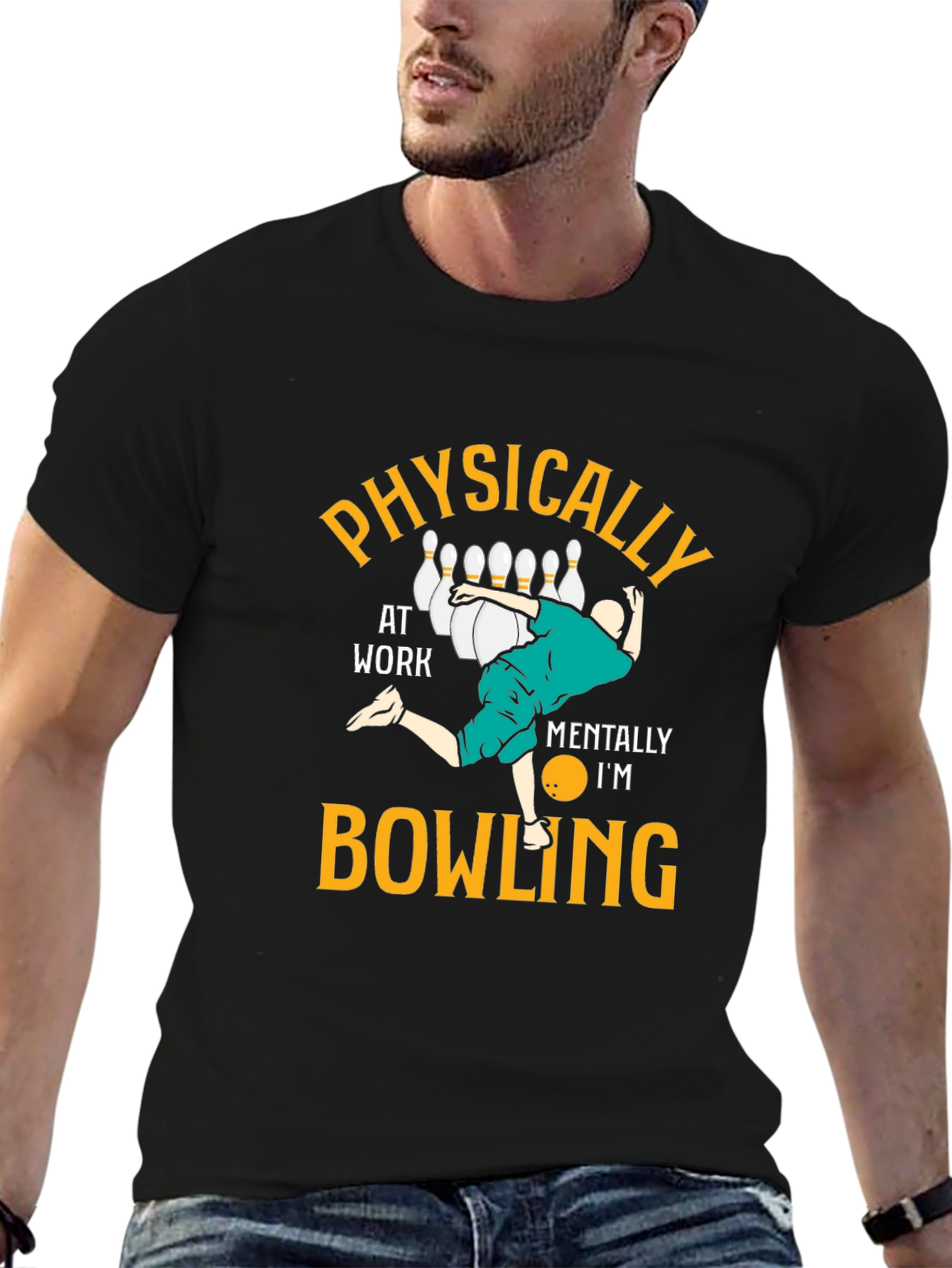 Black Funny Bowling T-Shirt - Physically At Work Mentally Bowling view 6