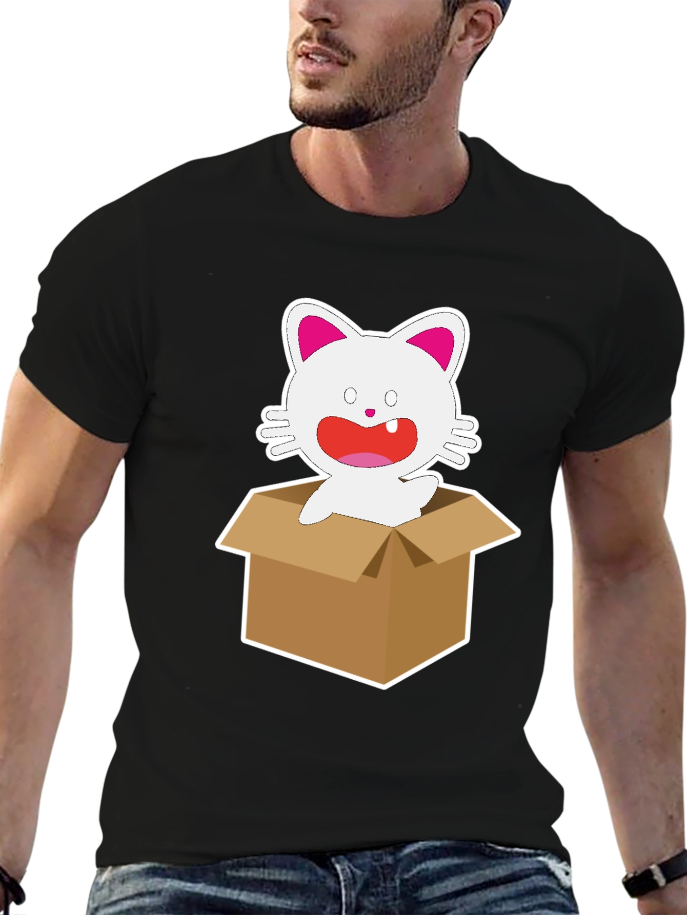Black Cartoon Cat in Box Graphic Tee - Unisex Black T-Shirt view 6