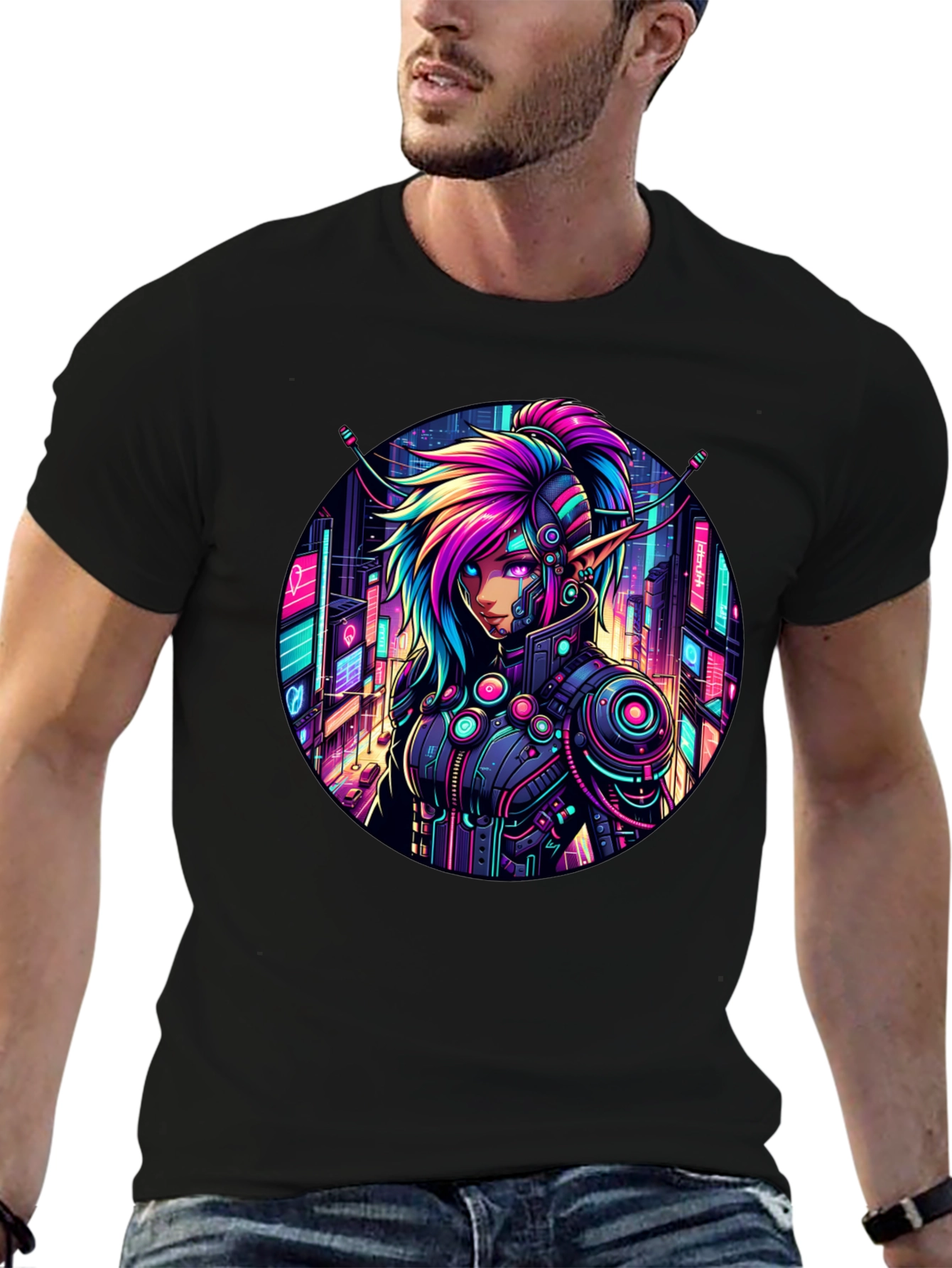 Black Cyberpunk Elf T-Shirt: Neon Cityscape Graphic Tee view 6